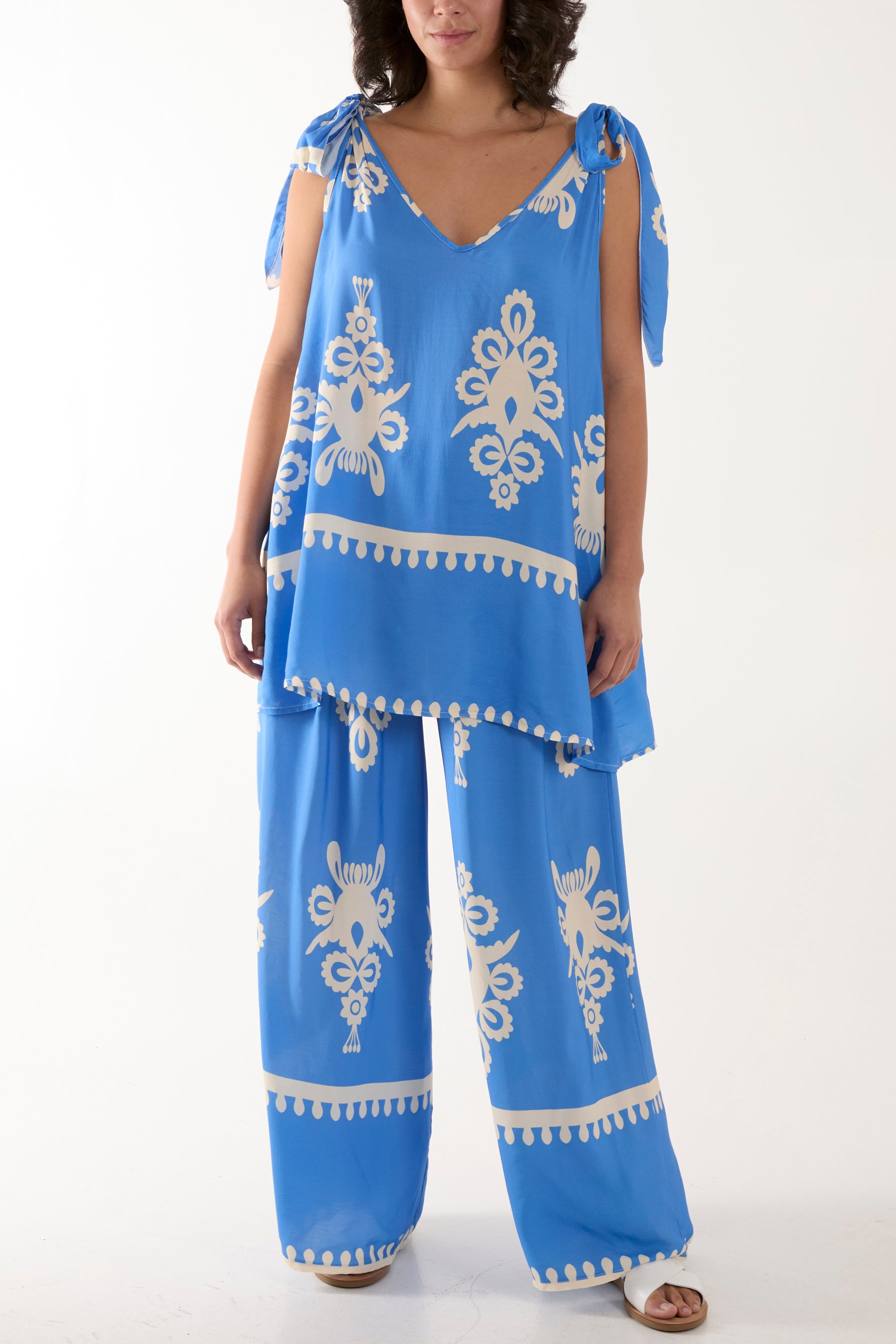 Tie Shoulder Vest & Trouser Printed Co-Ord
