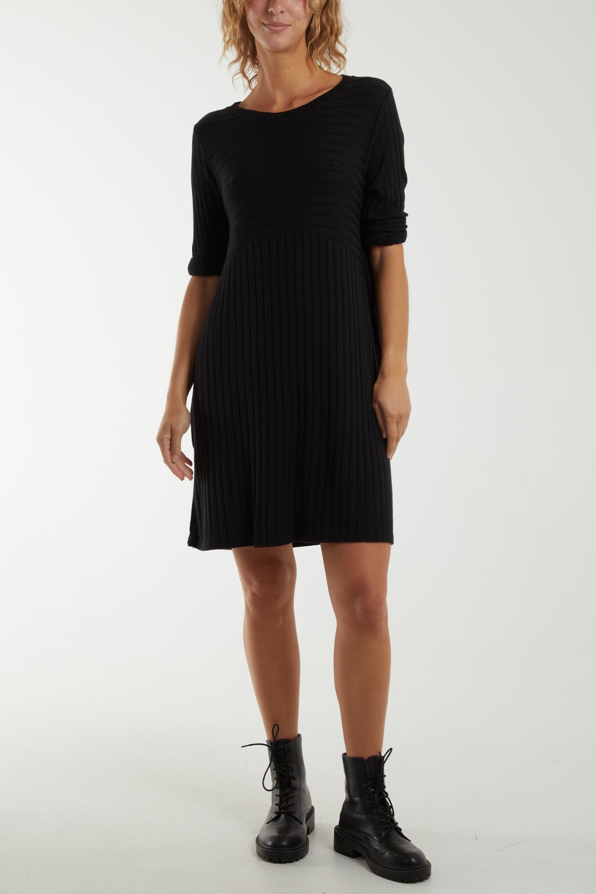 Ribbed Rolled Sleeve Knit Dress