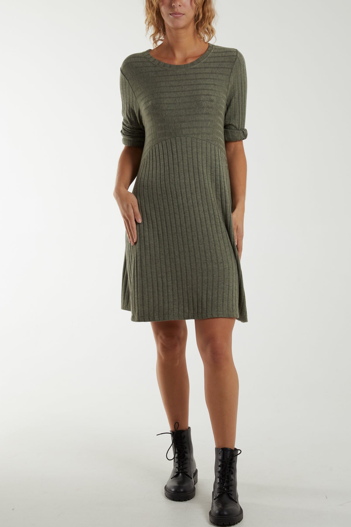 Ribbed Rolled Sleeve Knit Dress