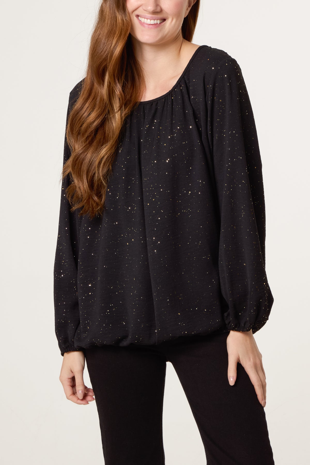 Scoop Neck Glitter Sheer Blouse