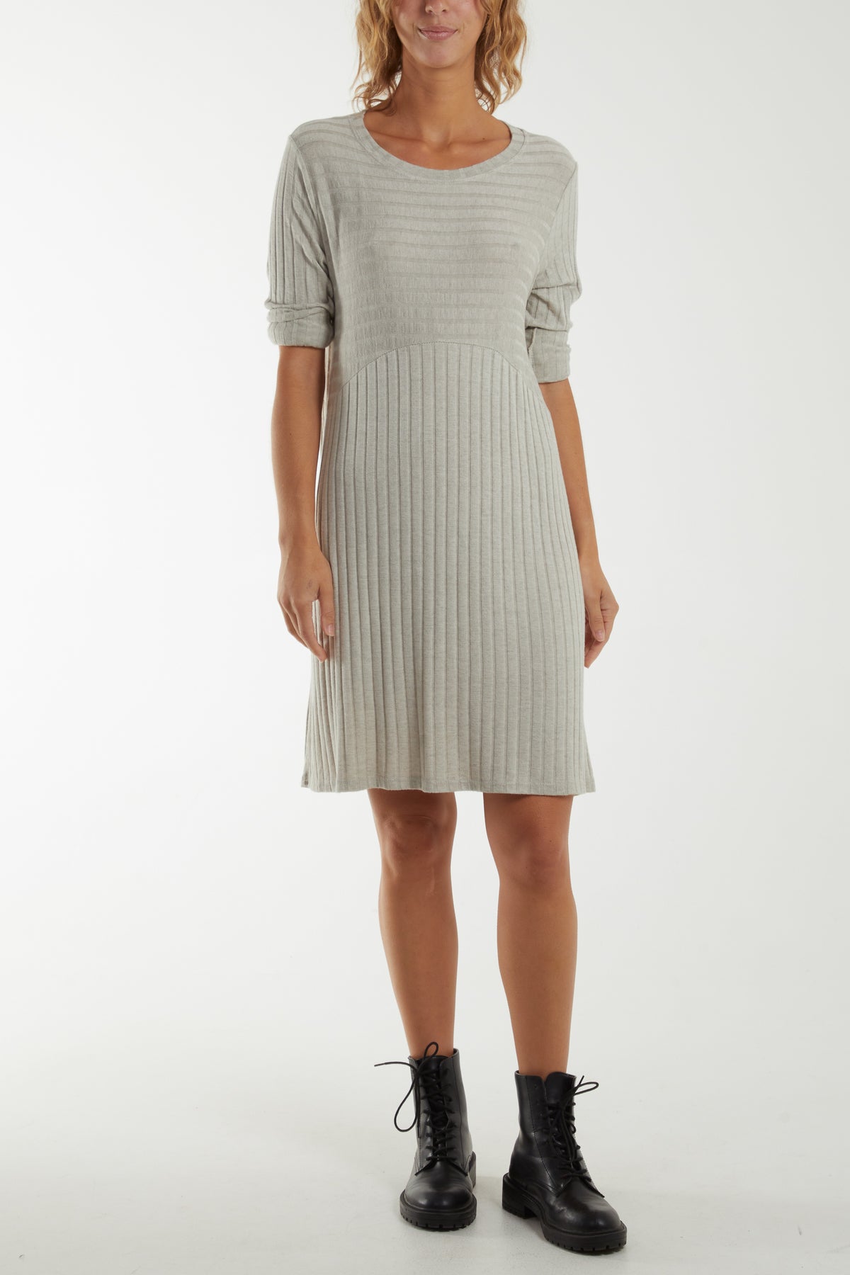 Ribbed Rolled Sleeve Knit Dress