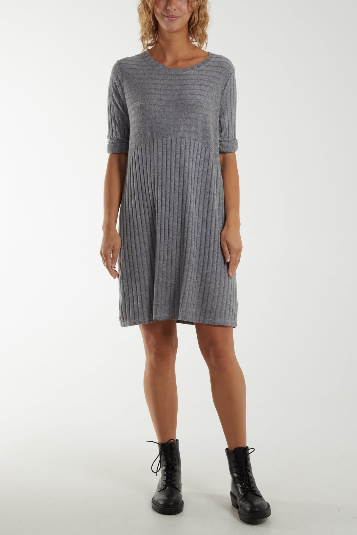 Ribbed Rolled Sleeve Knit Dress