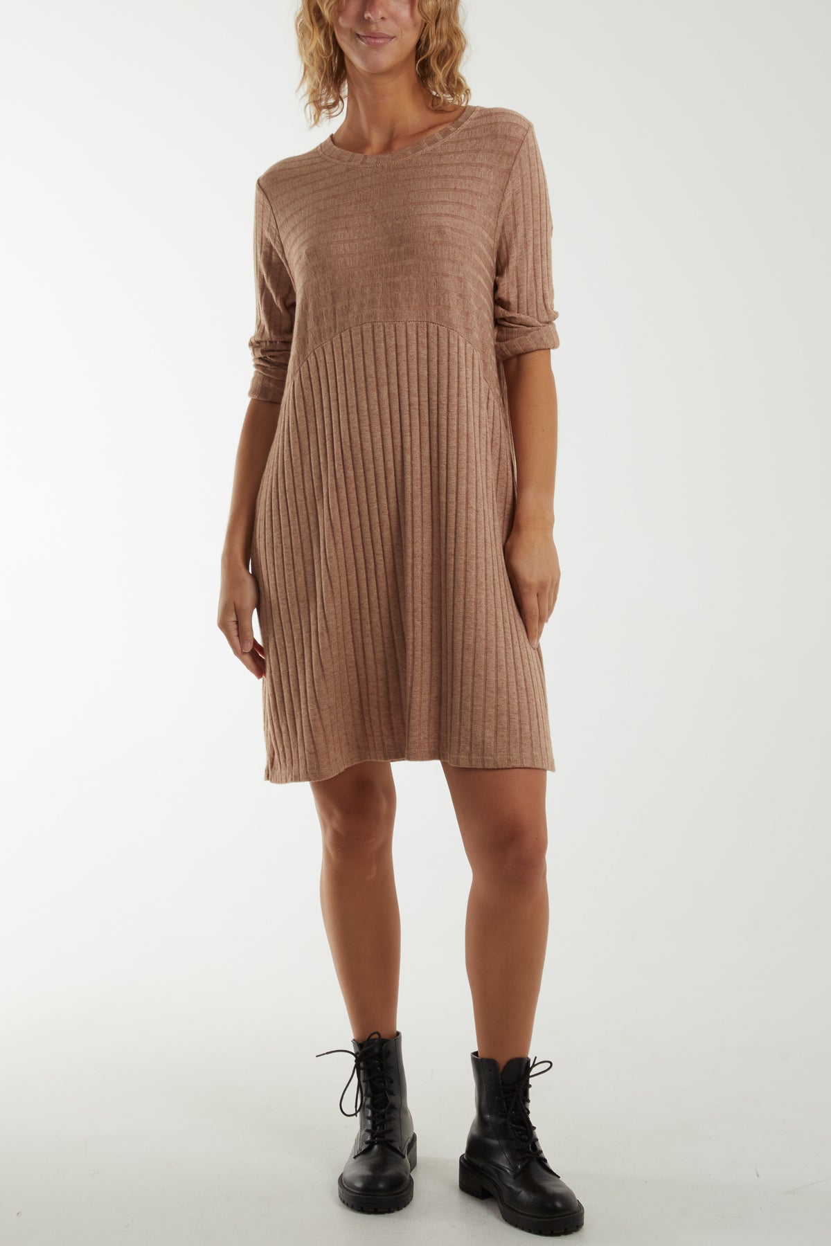 Ribbed Rolled Sleeve Knit Dress