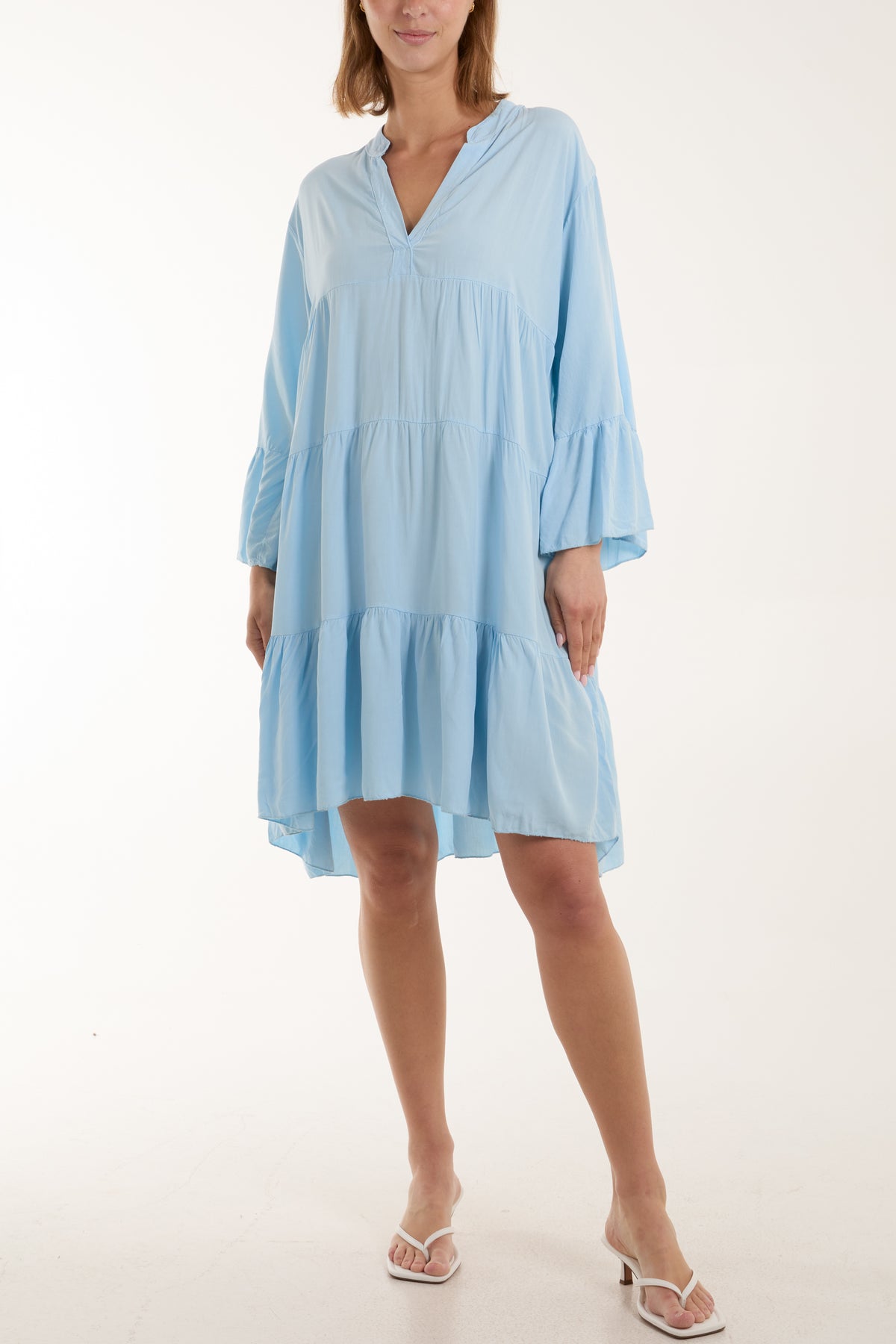 Open Collared Tiered Smock Dress