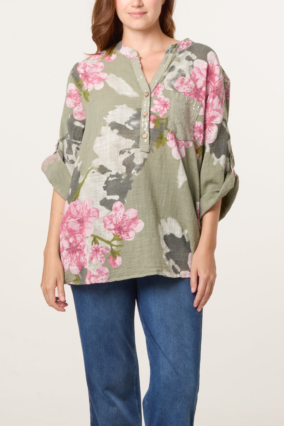 Floral Sequin Pocket Roll Sleeve Blouse