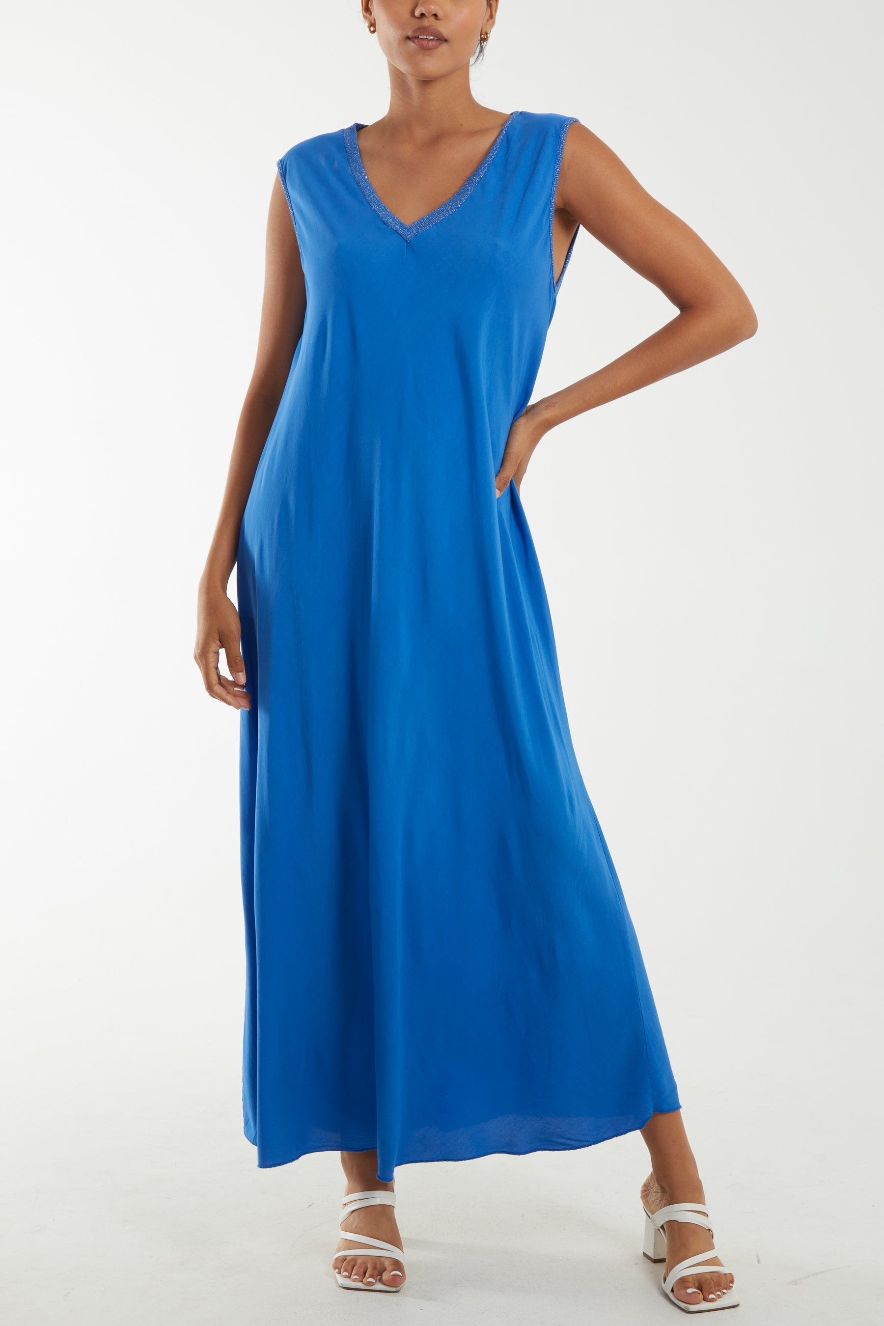 Lurex Trim V-Neck A-Line Maxi Dress