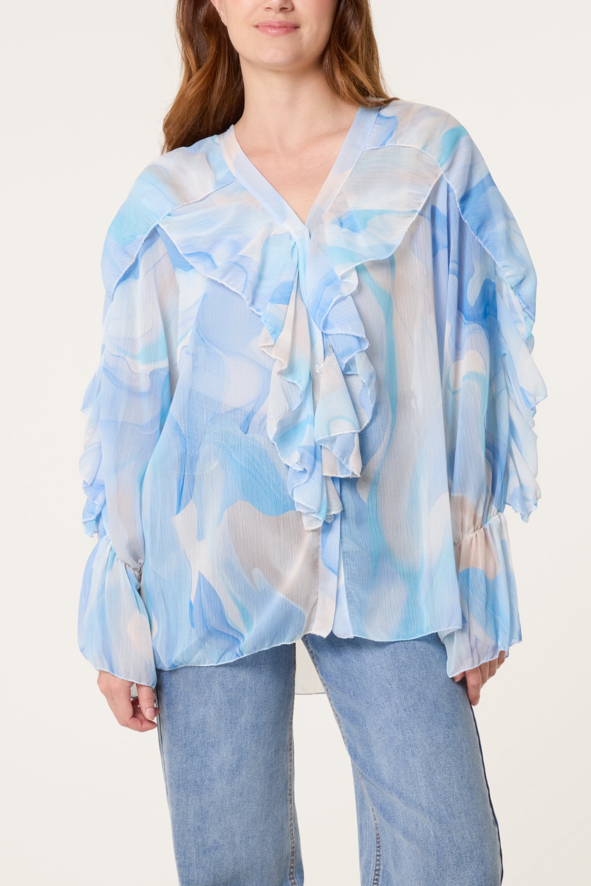 Waterprint Chiffon Ruffle Shirt