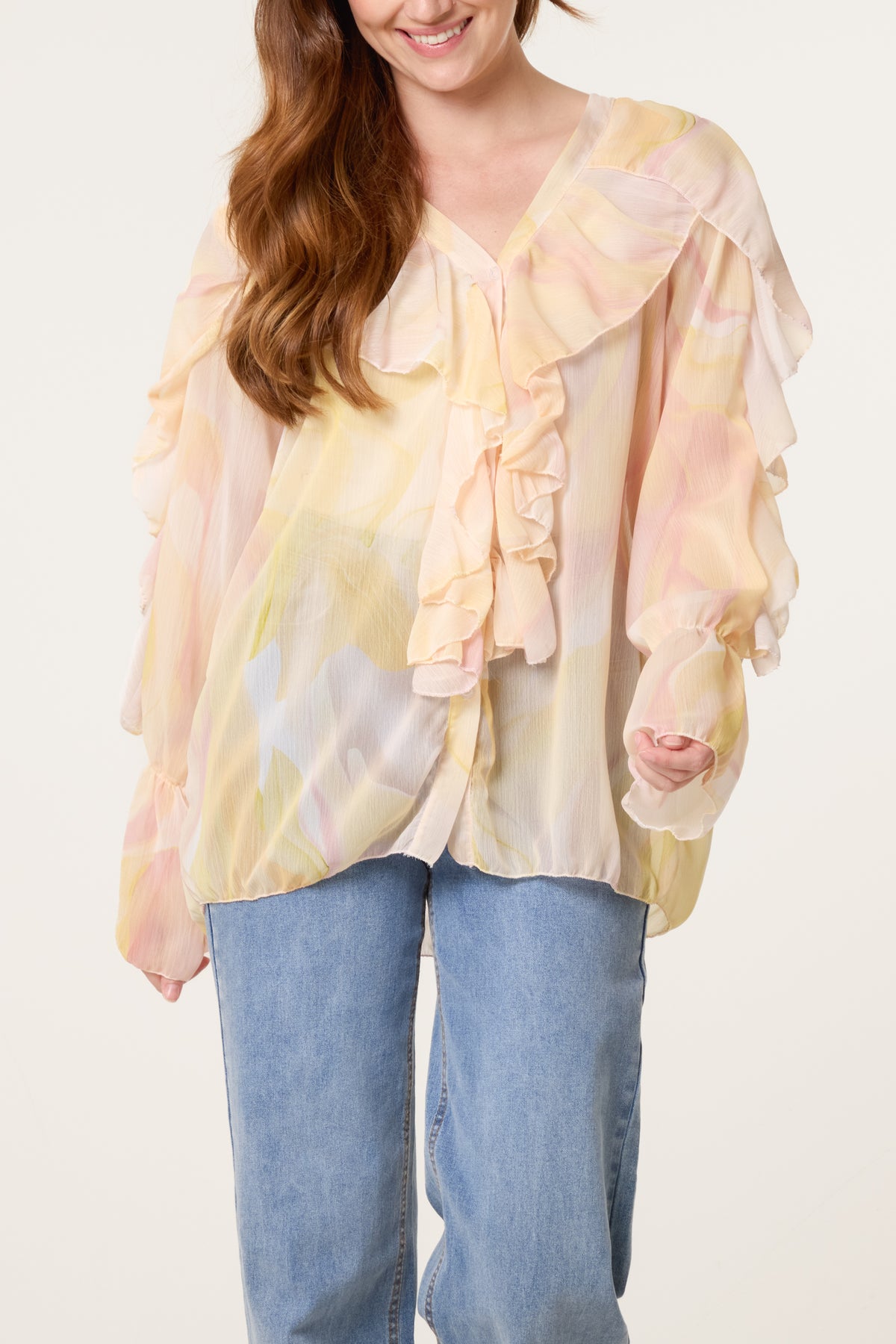 Waterprint Chiffon Ruffle Shirt
