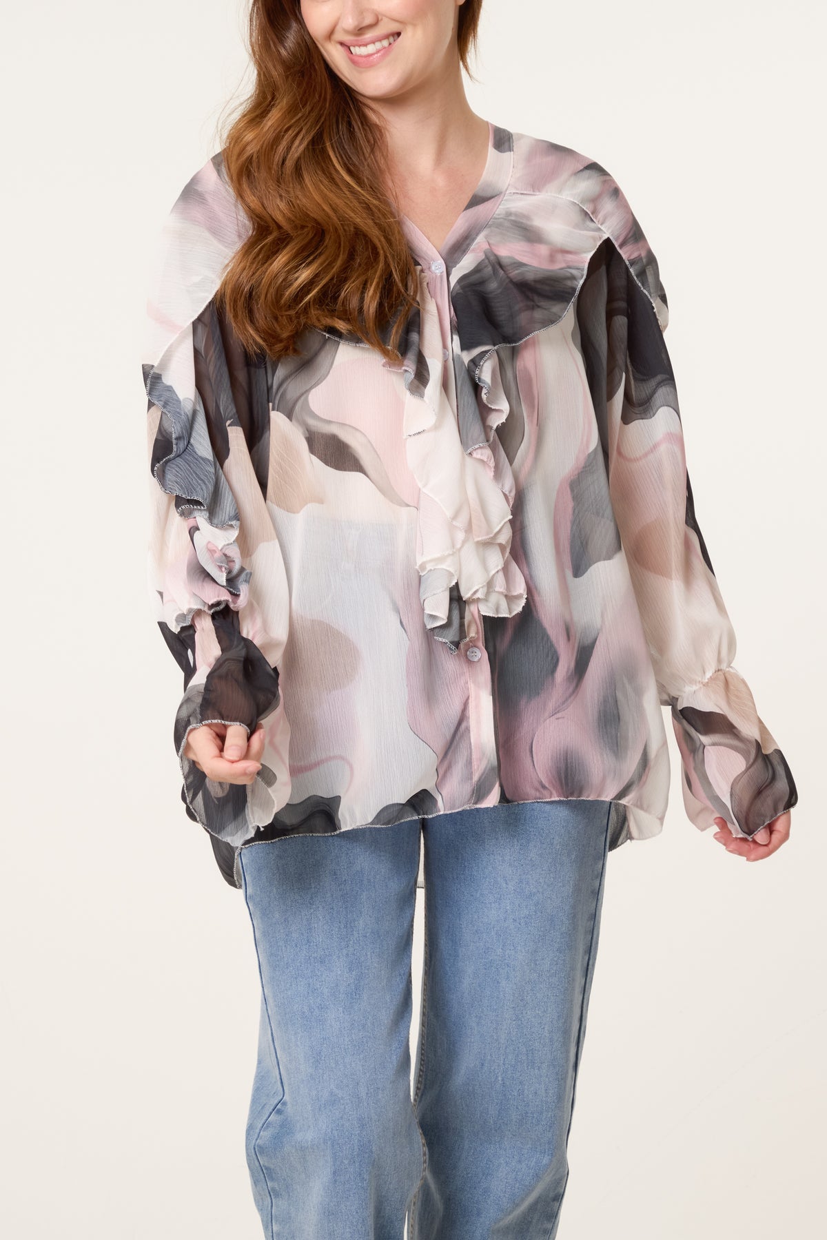 Waterprint Chiffon Ruffle Shirt