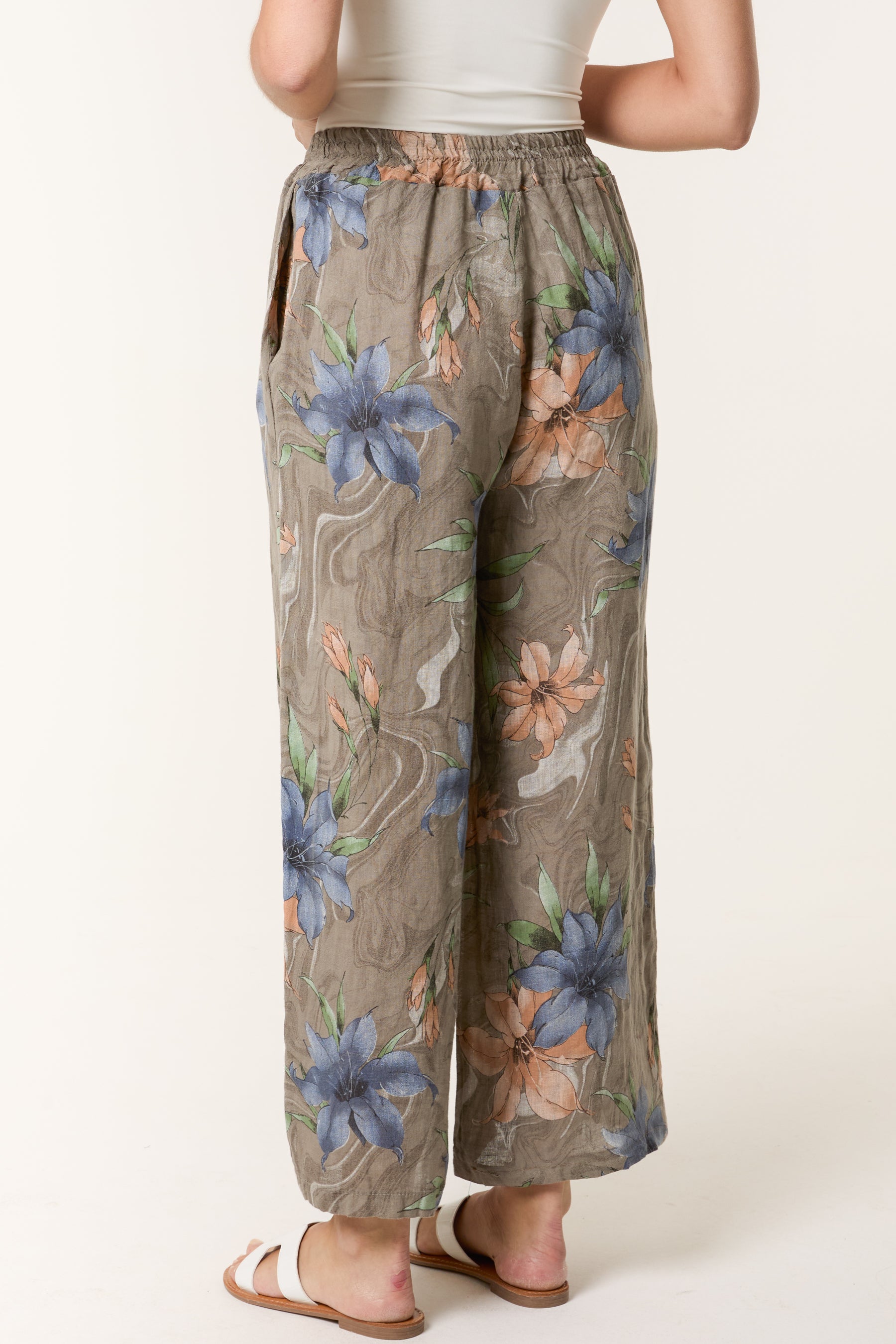 Vintage Floral Linen Wide Leg Trousers