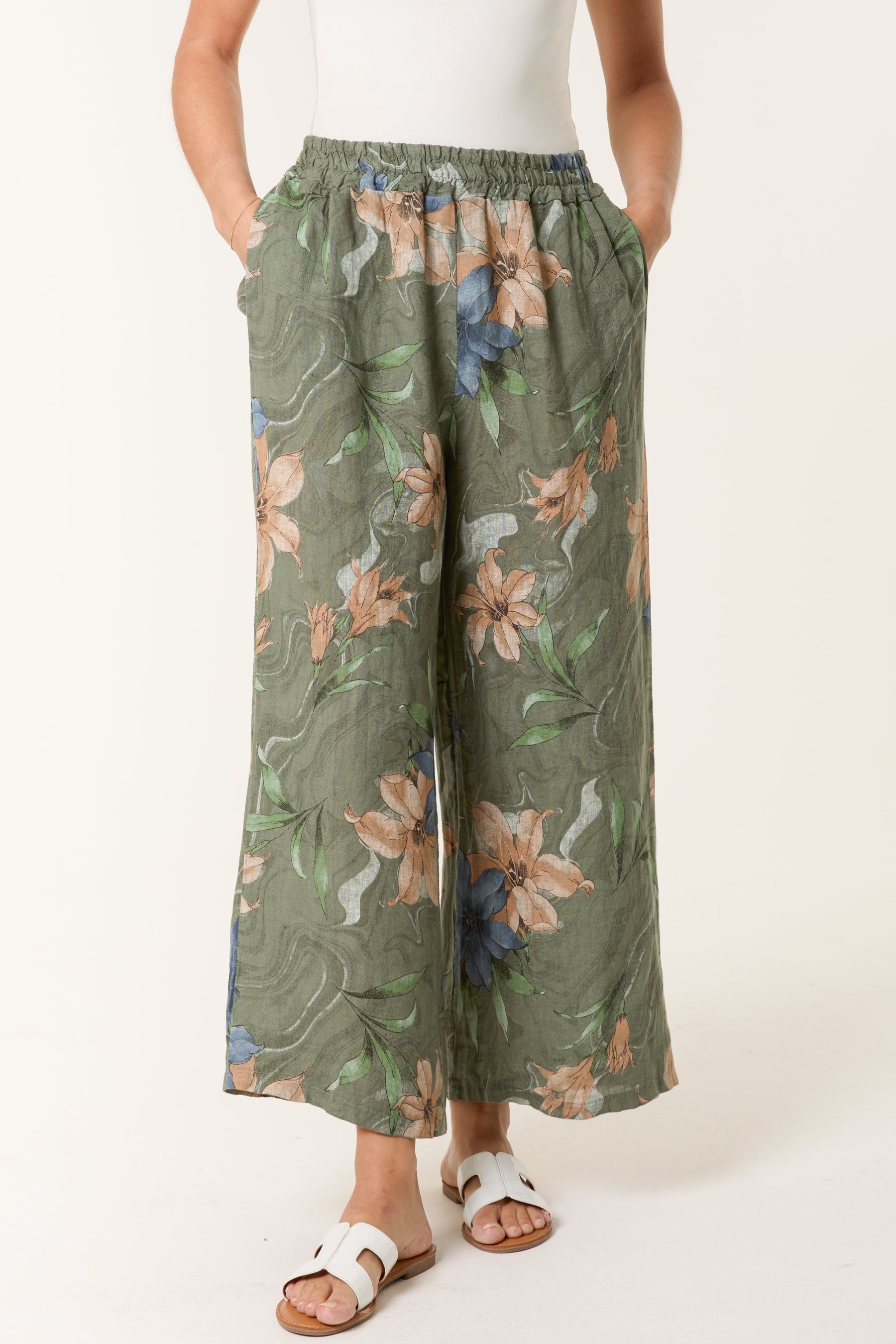 Vintage Floral Linen Wide Leg Trousers