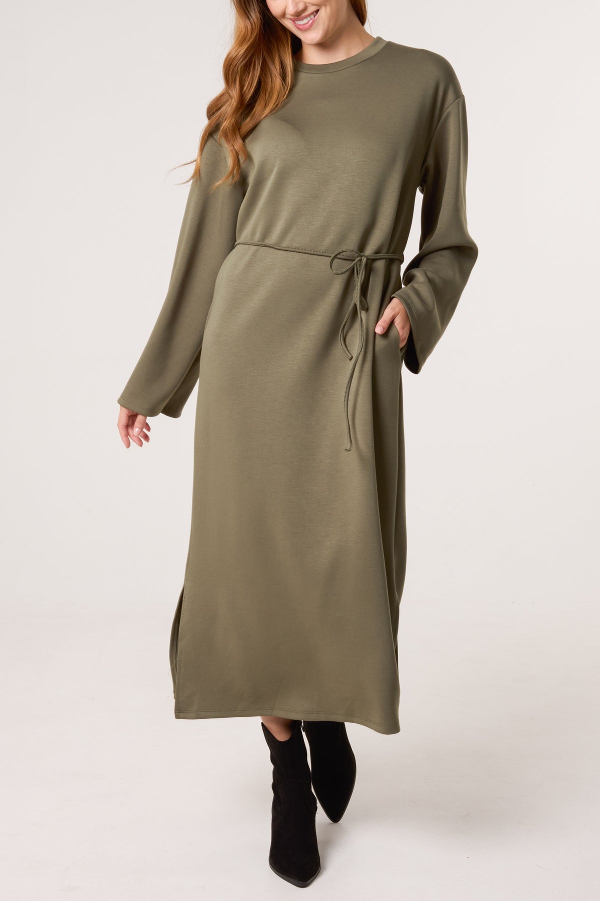 Round Neck Belted Midi Sweat Dress