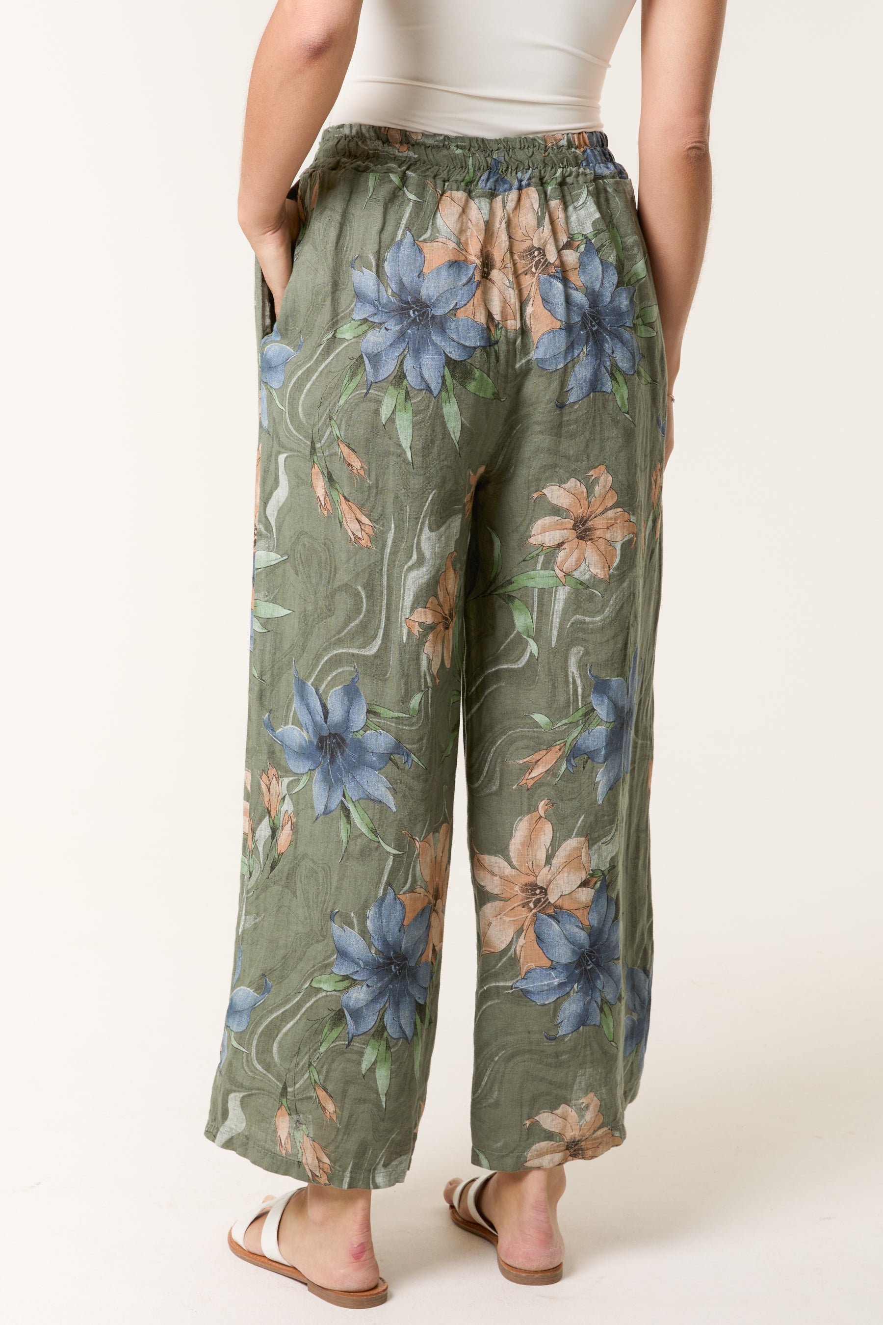 Vintage Floral Linen Wide Leg Trousers