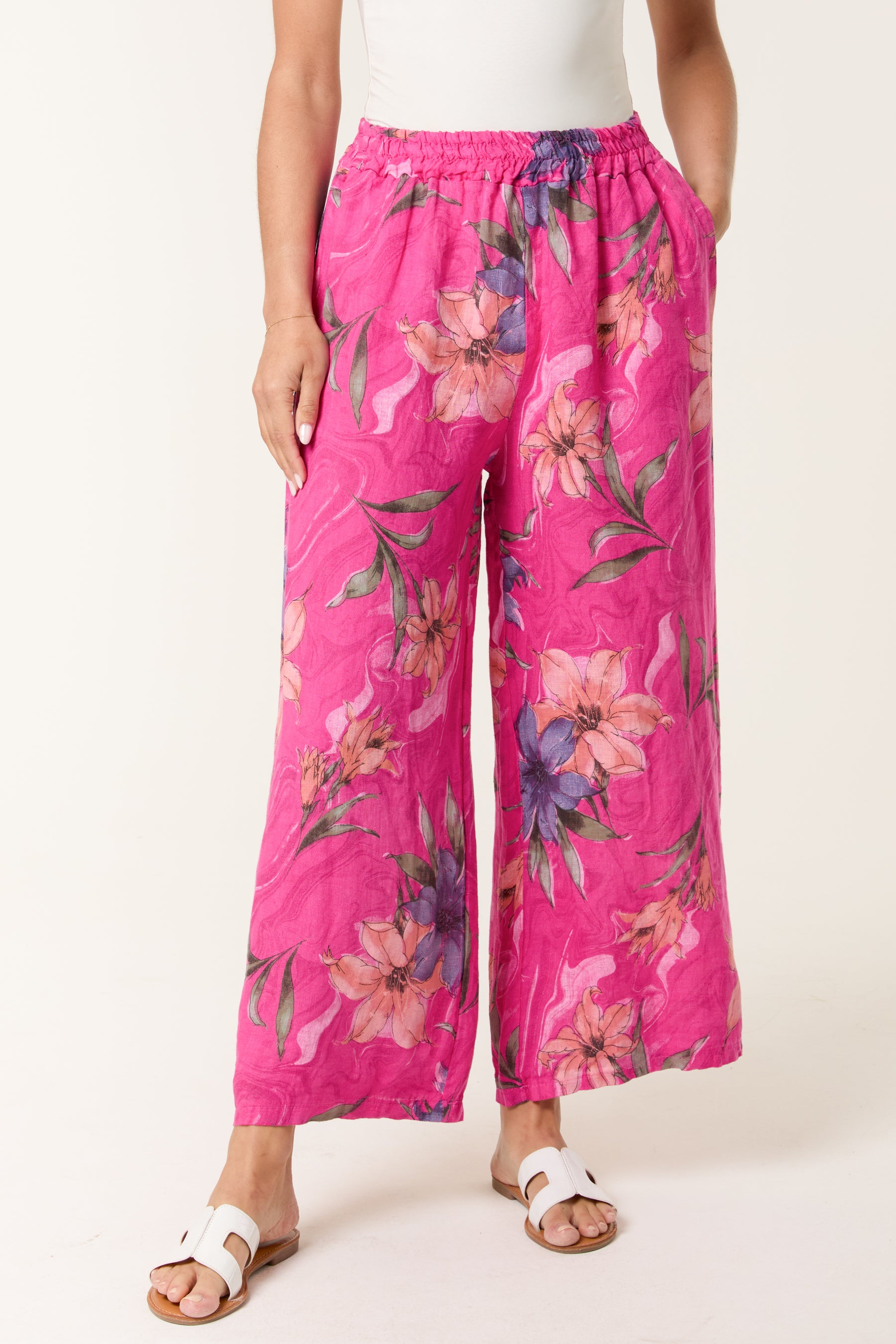 Vintage Floral Linen Wide Leg Trousers