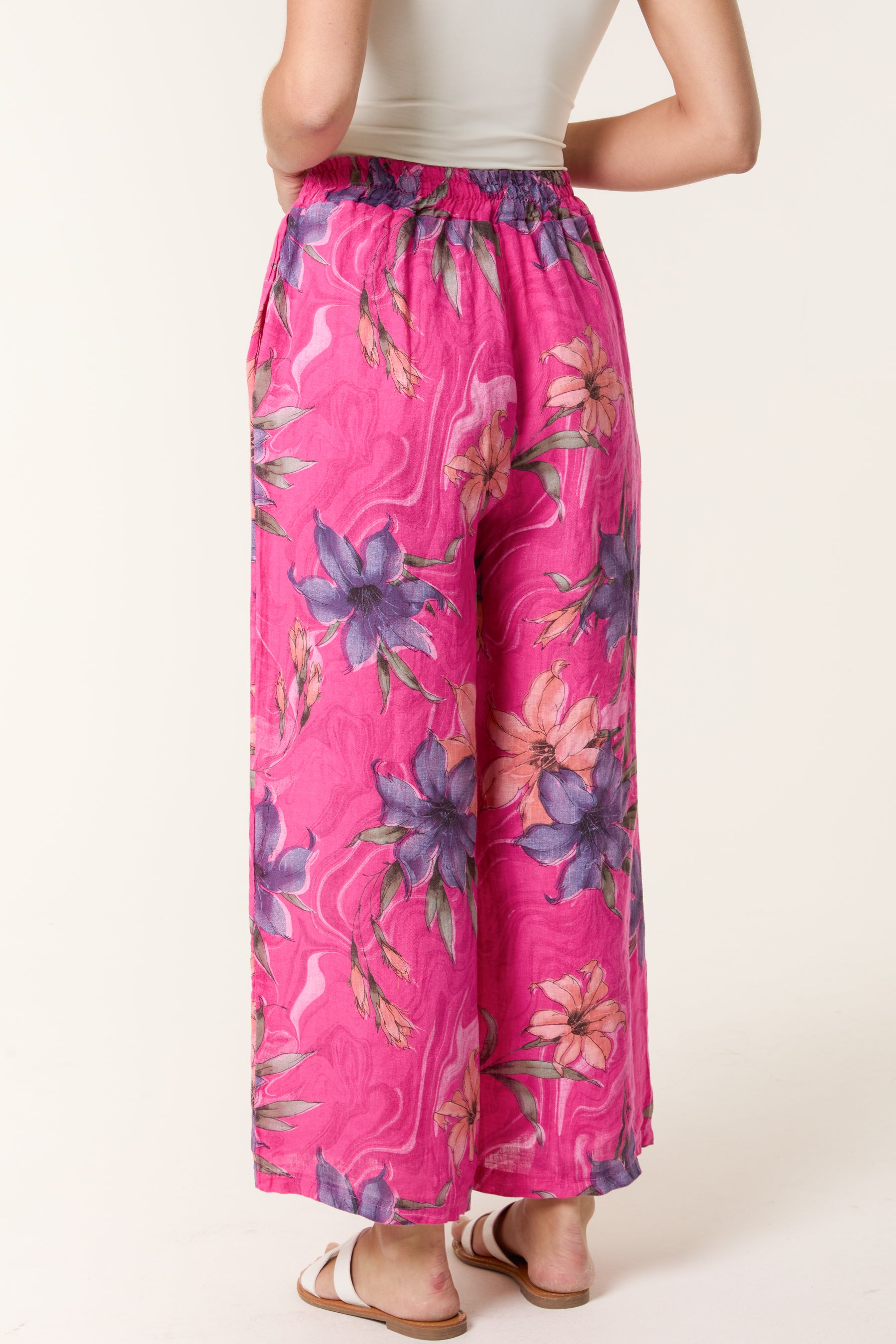 Vintage Floral Linen Wide Leg Trousers