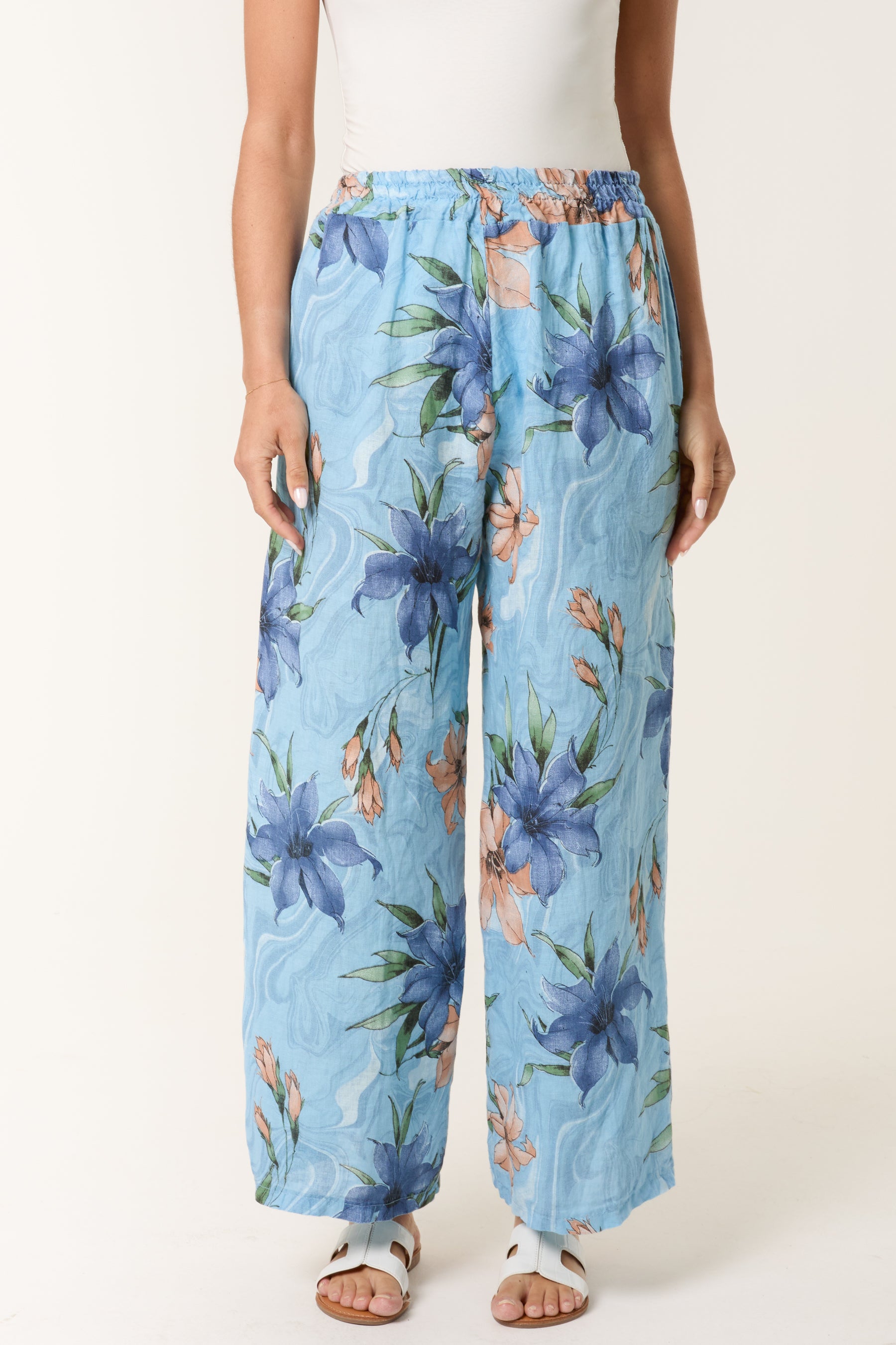 Vintage Floral Linen Wide Leg Trousers