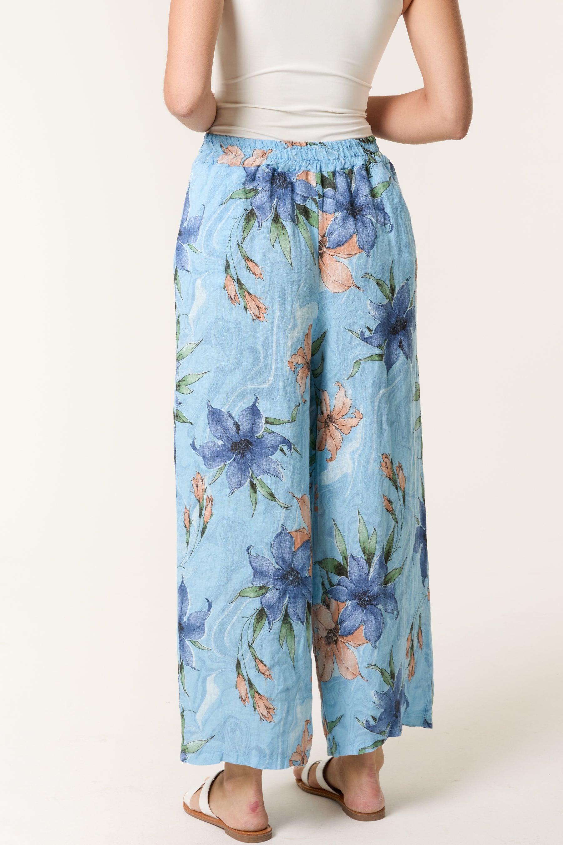 Vintage Floral Linen Wide Leg Trousers