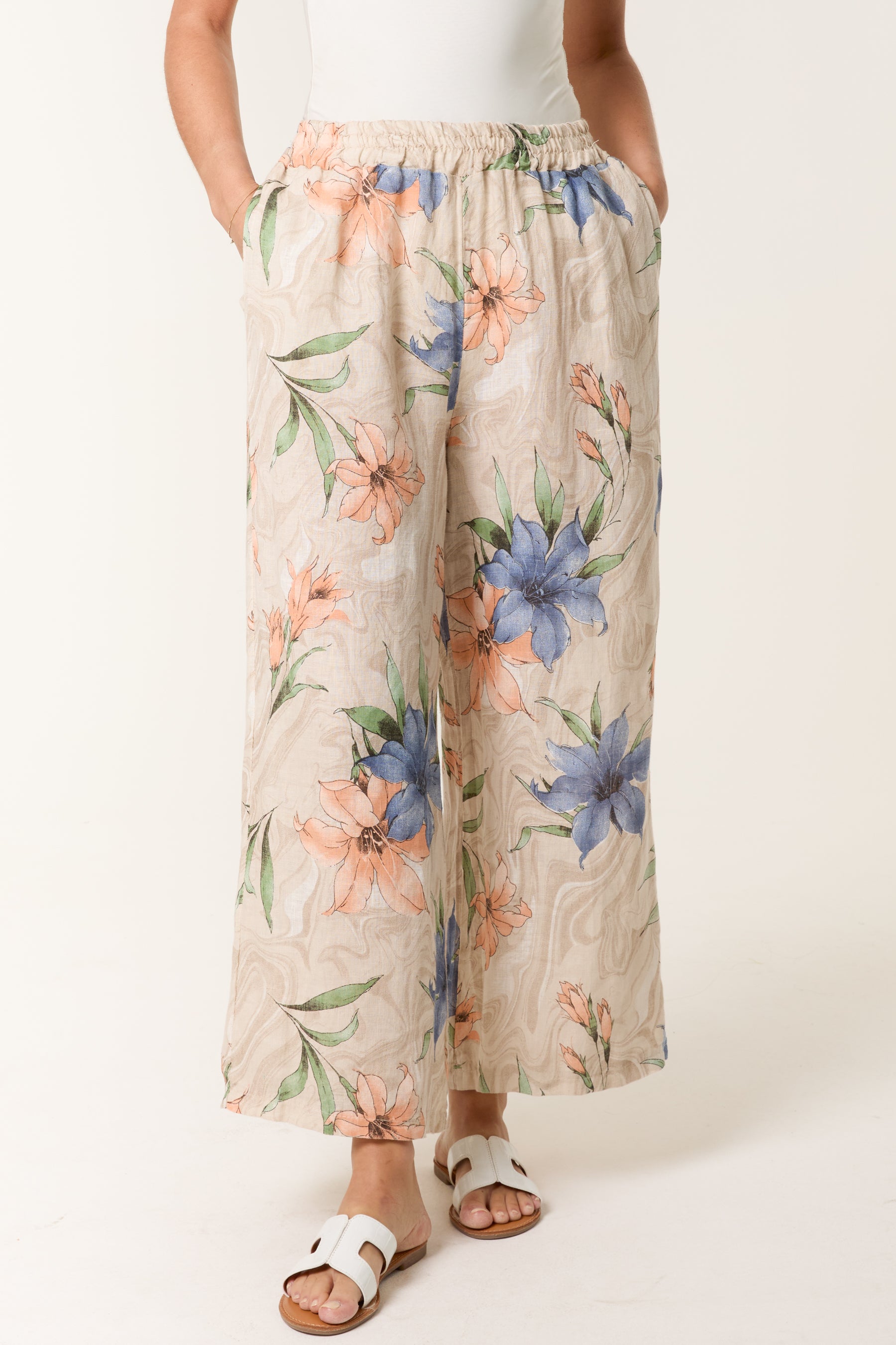 Vintage Floral Linen Wide Leg Trousers