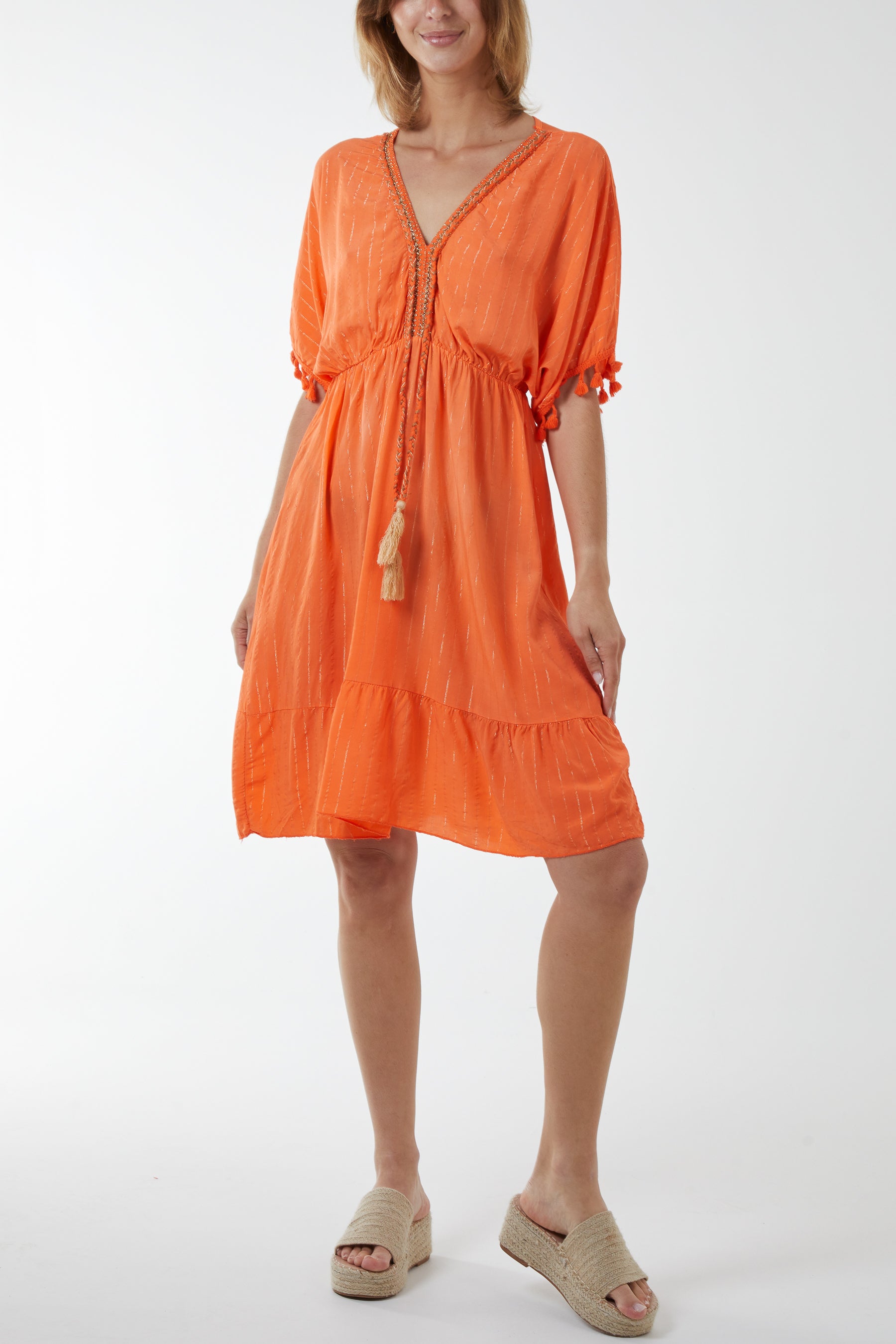 Metallic Detail Tassel Bobble Sleeve Dress