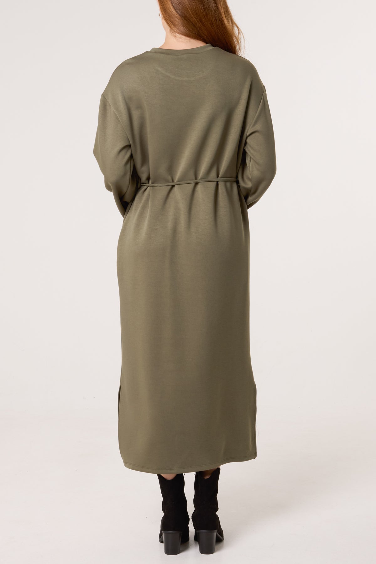 Round Neck Belted Midi Sweat Dress