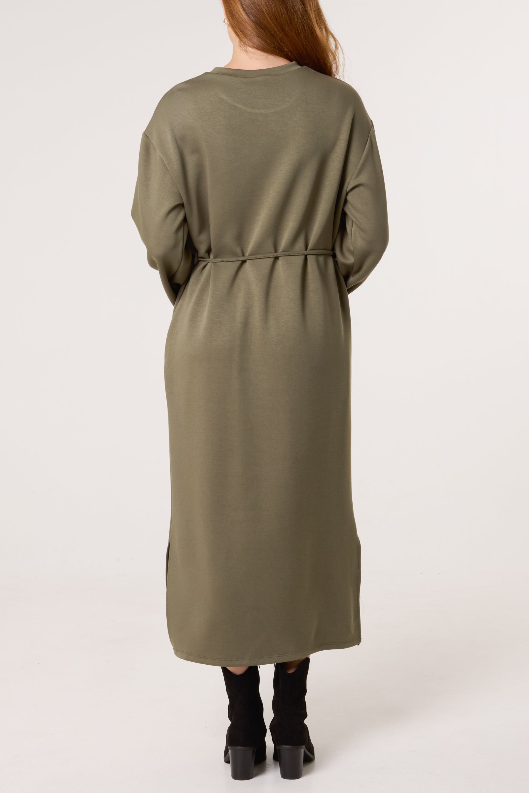 Round Neck Belted Midi Sweat Dress