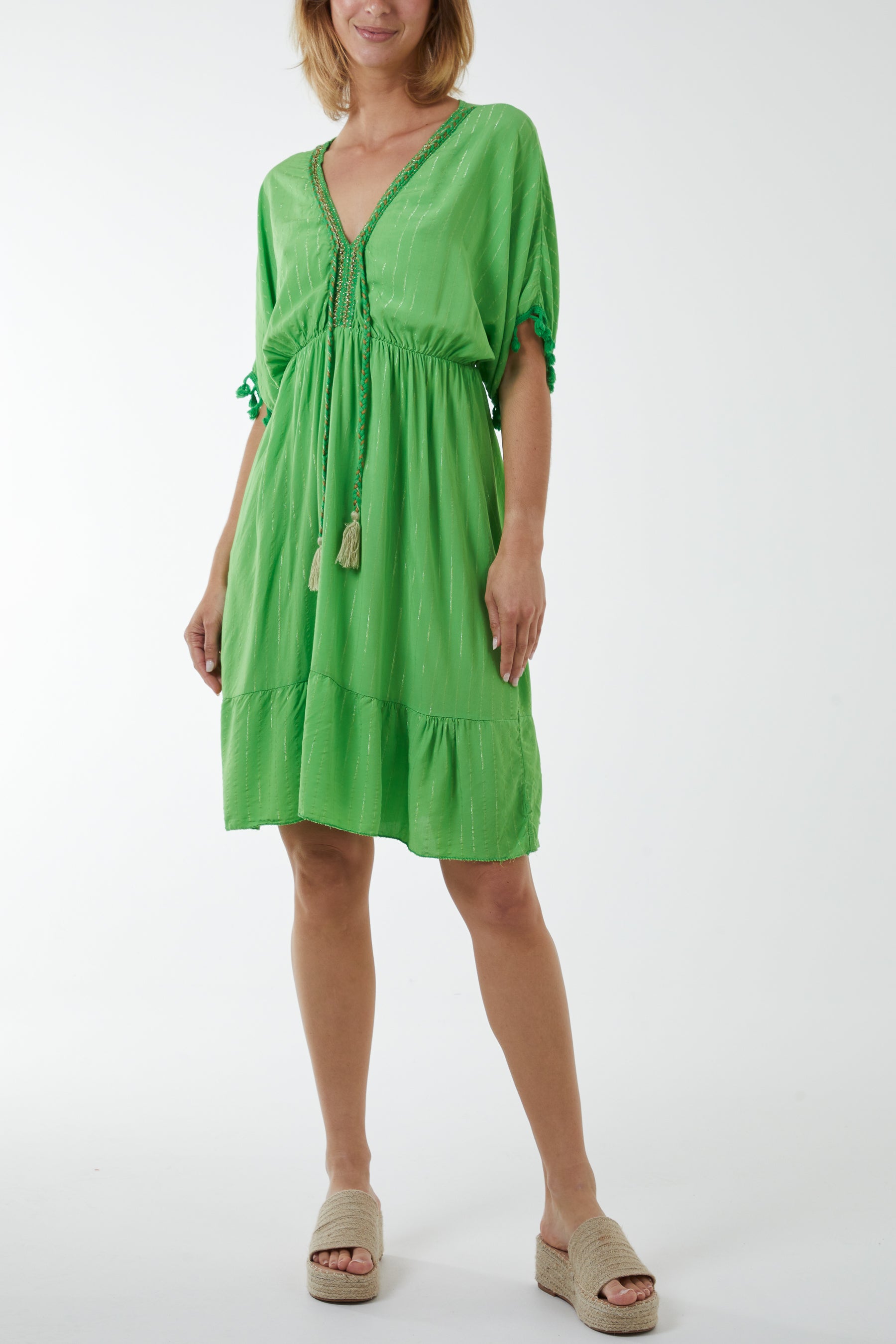 Metallic Detail Tassel Bobble Sleeve Dress