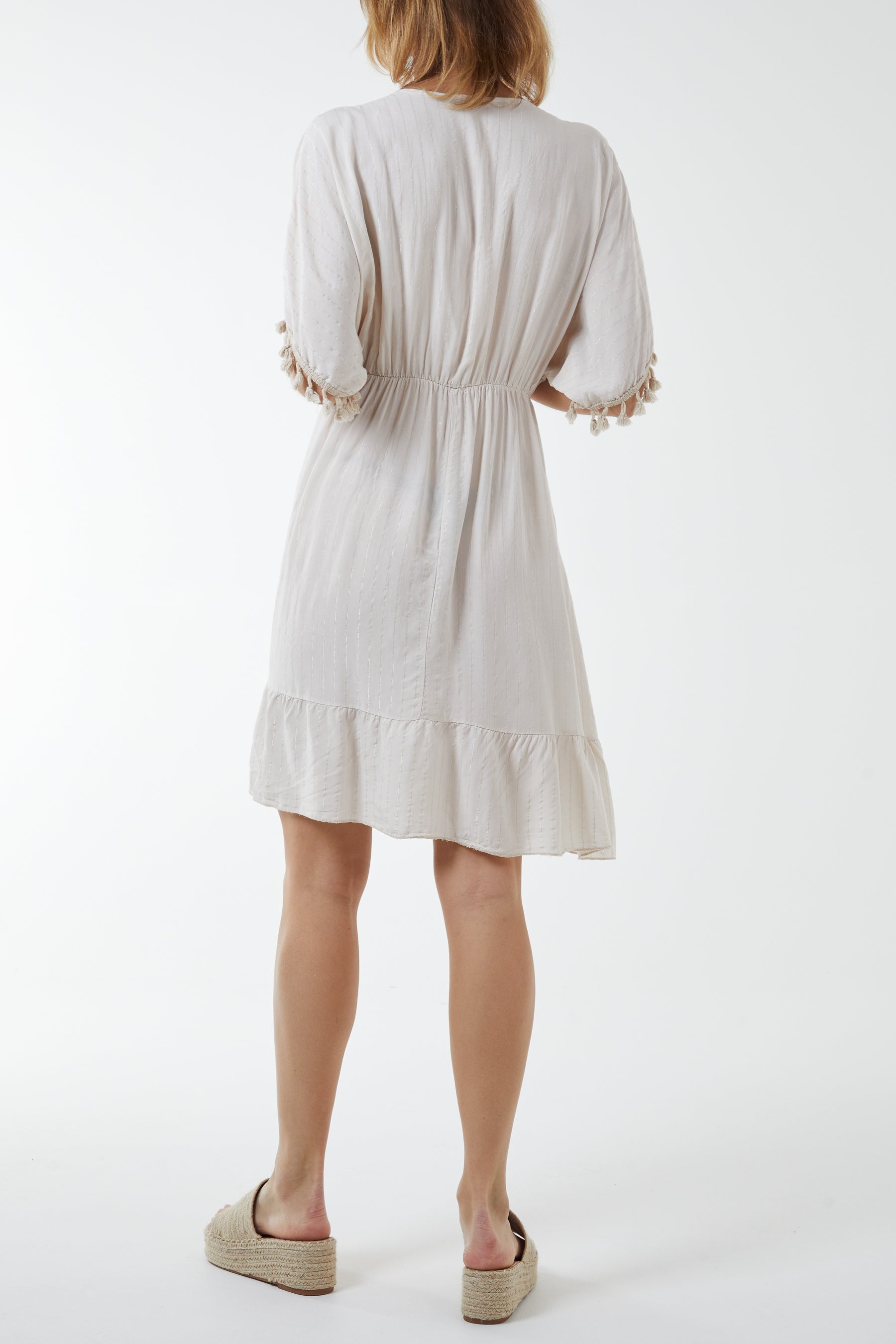 Metallic Detail Tassel Bobble Sleeve Dress