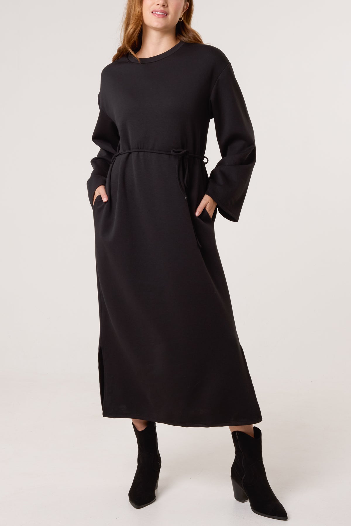 Round Neck Belted Midi Sweat Dress
