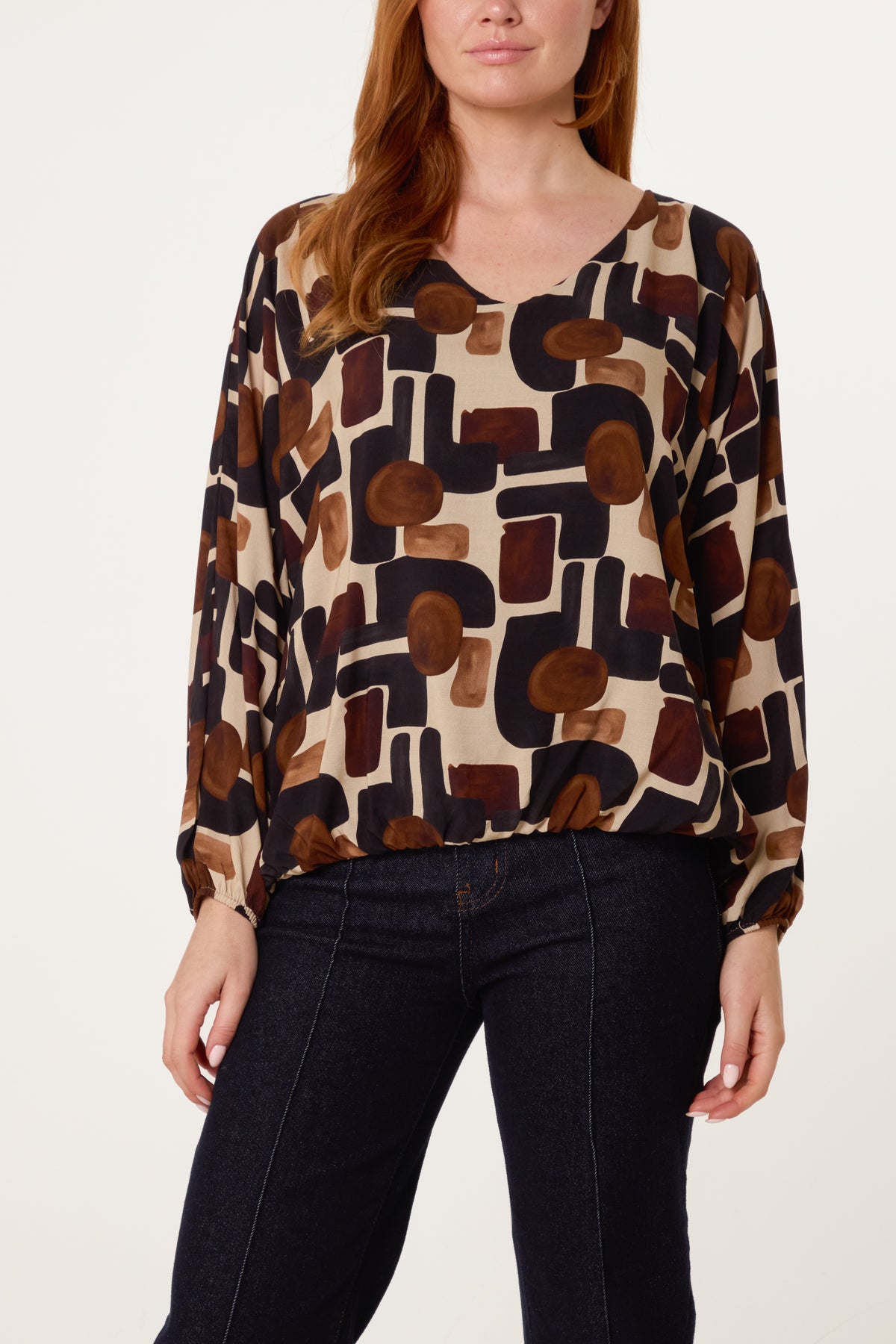 V-Neck Bubble Hem Geometric Blouse