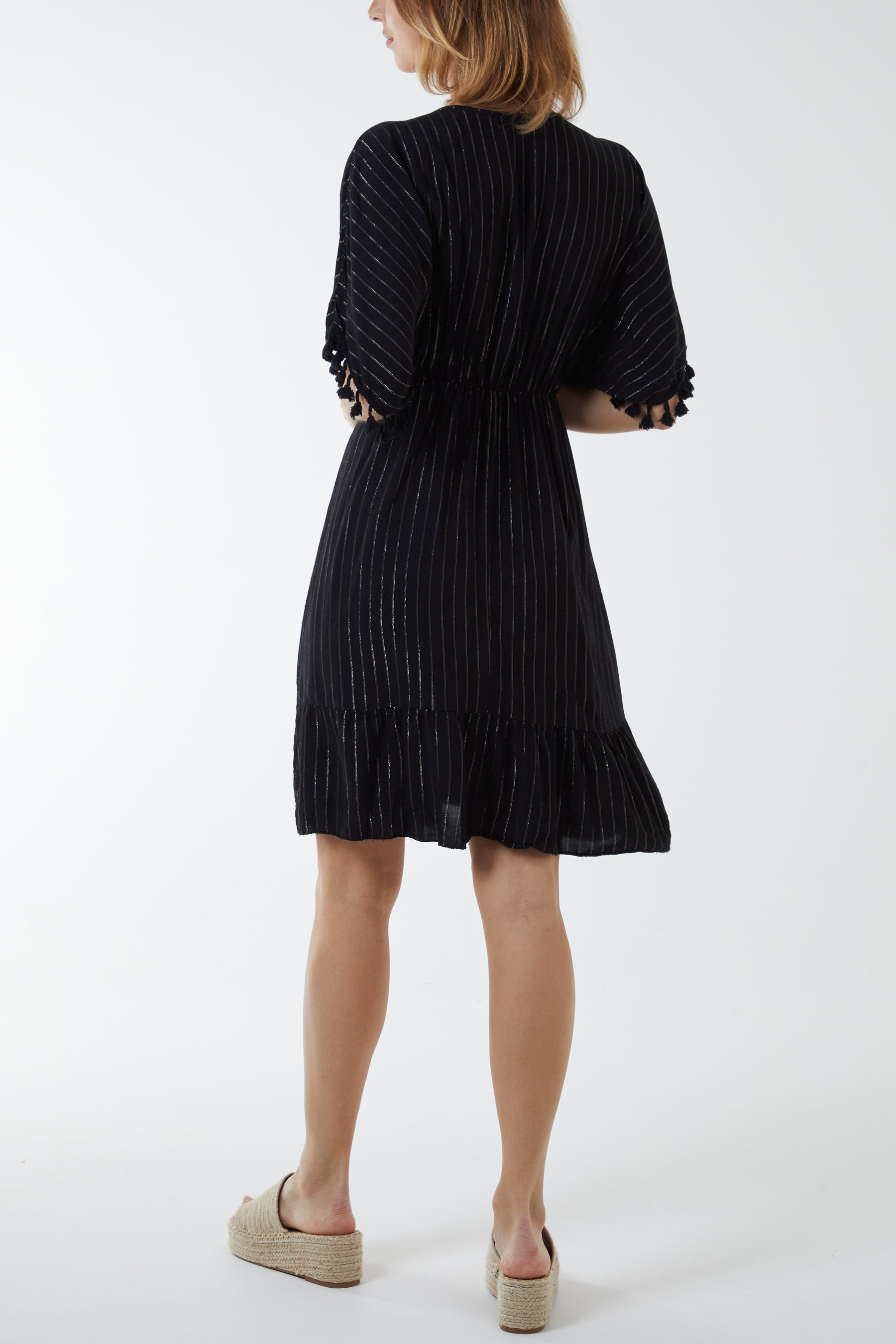 Metallic Detail Tassel Bobble Sleeve Dress
