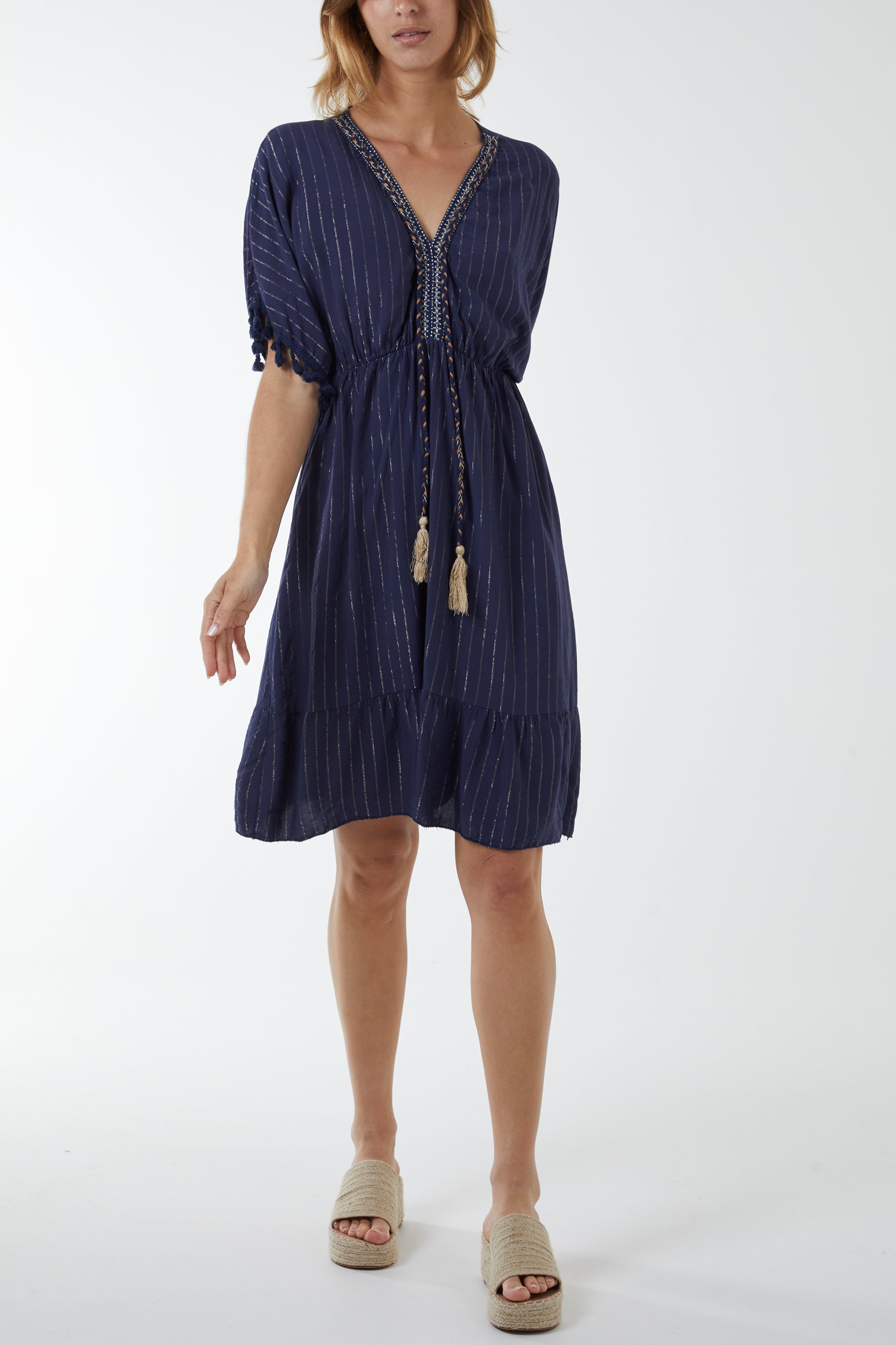 Metallic Detail Tassel Bobble Sleeve Dress