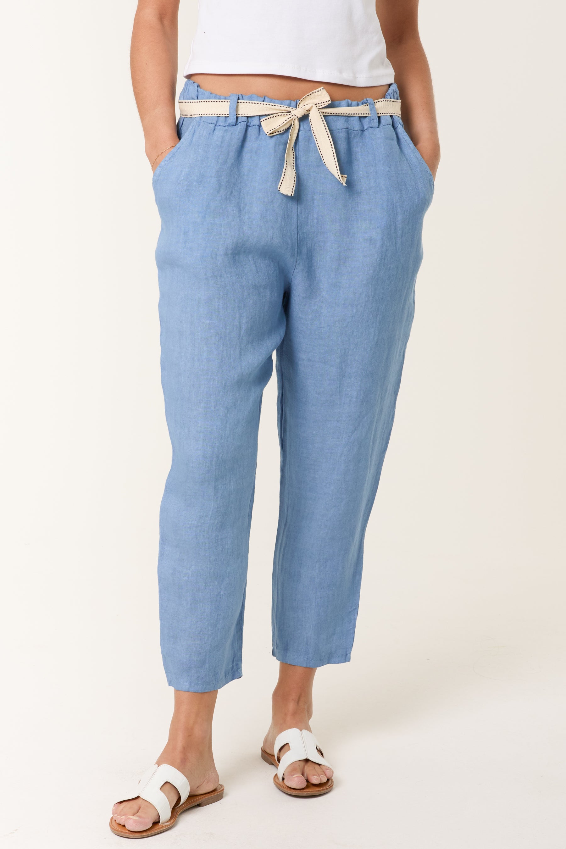 Linen Trouser W/ Embroidered Belt