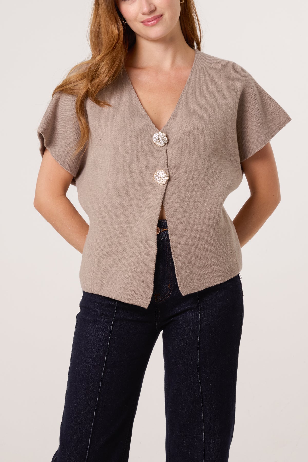 Gold Button V-Neck Knit Cardigan