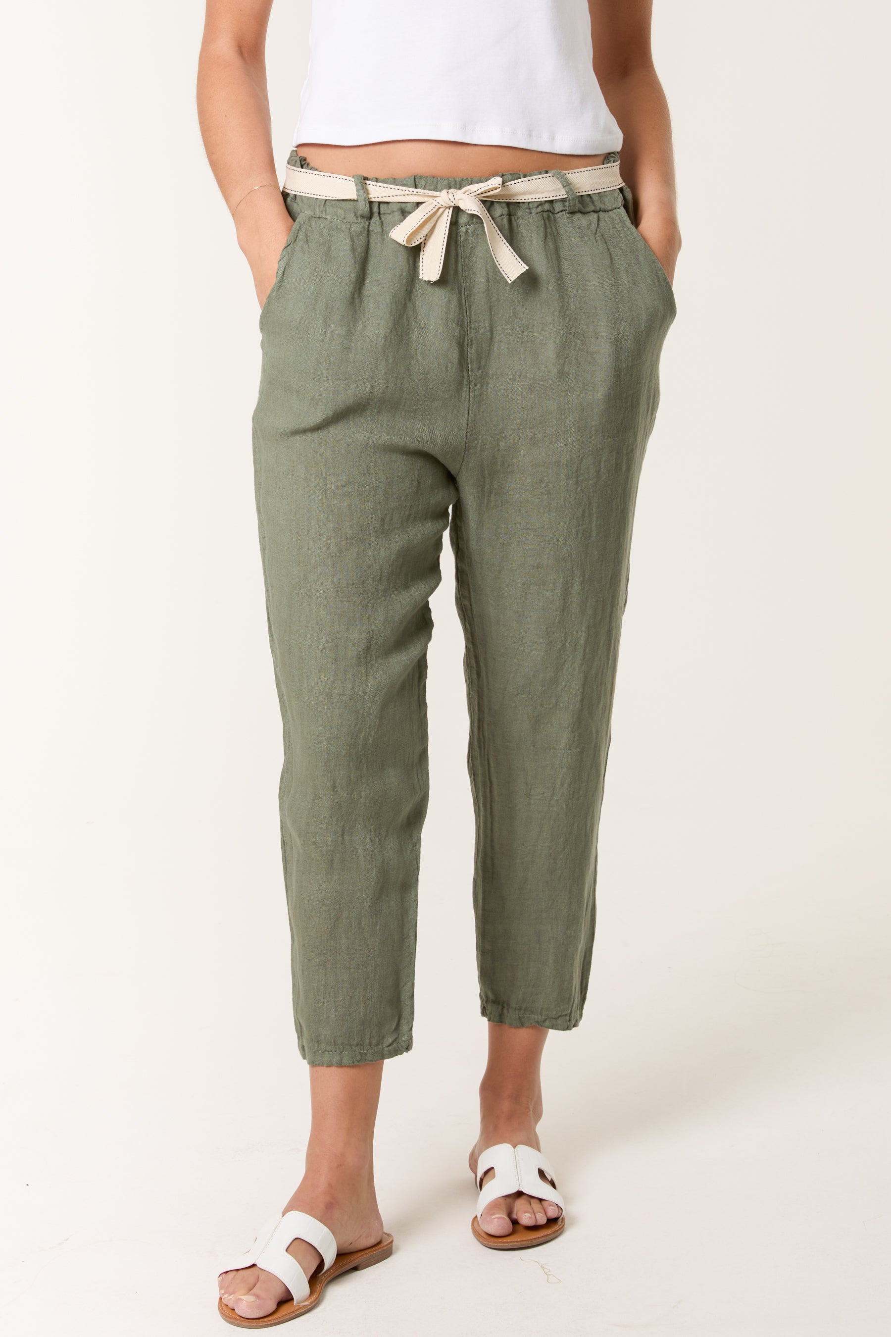 Linen Trouser W/ Embroidered Belt