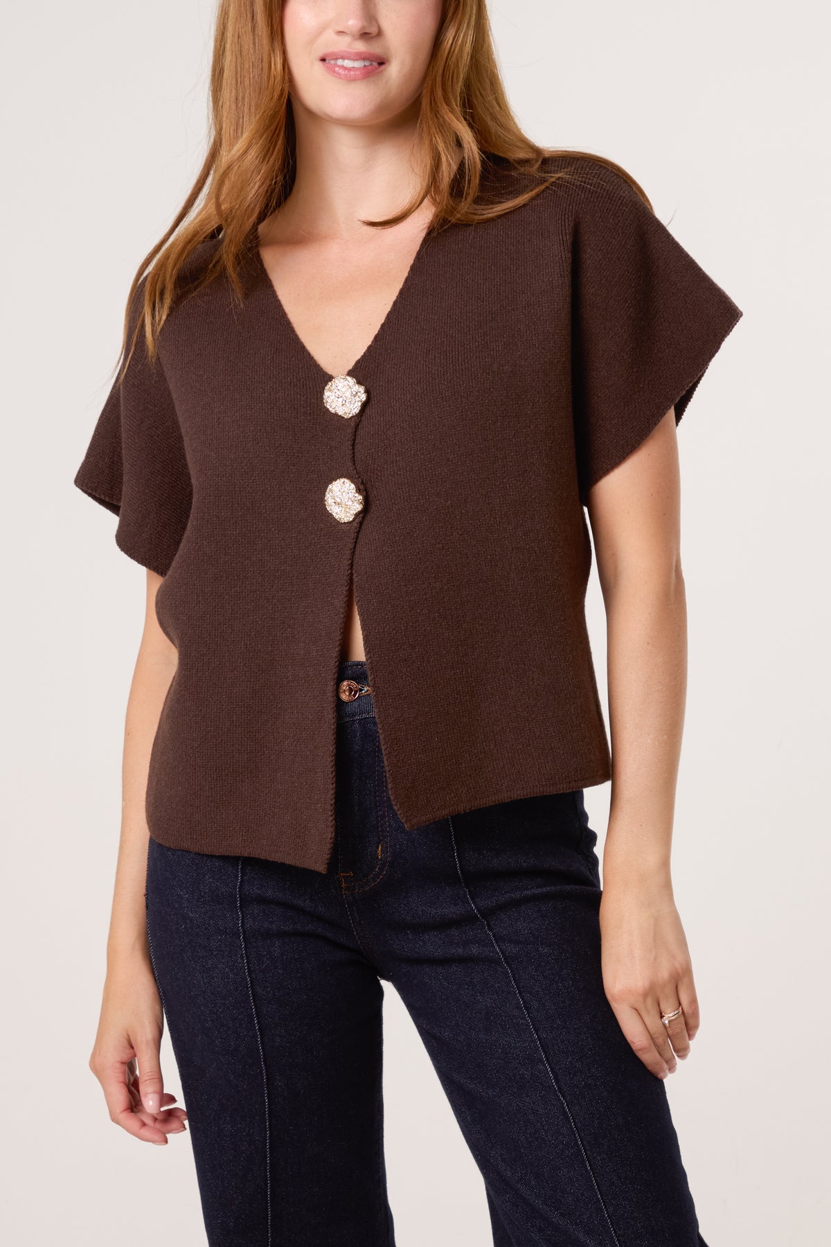 Gold Button V-Neck Knit Cardigan