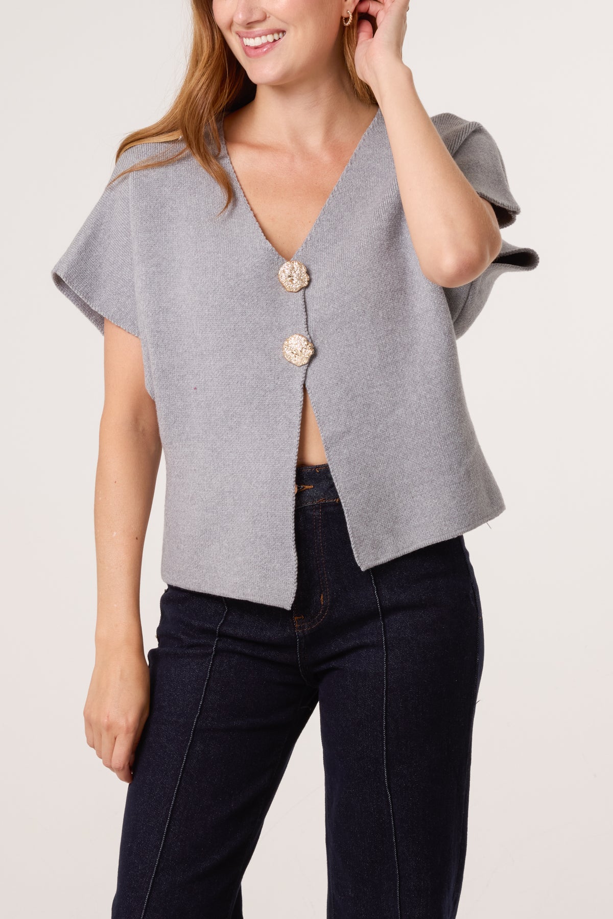 Gold Button V-Neck Knit Cardigan