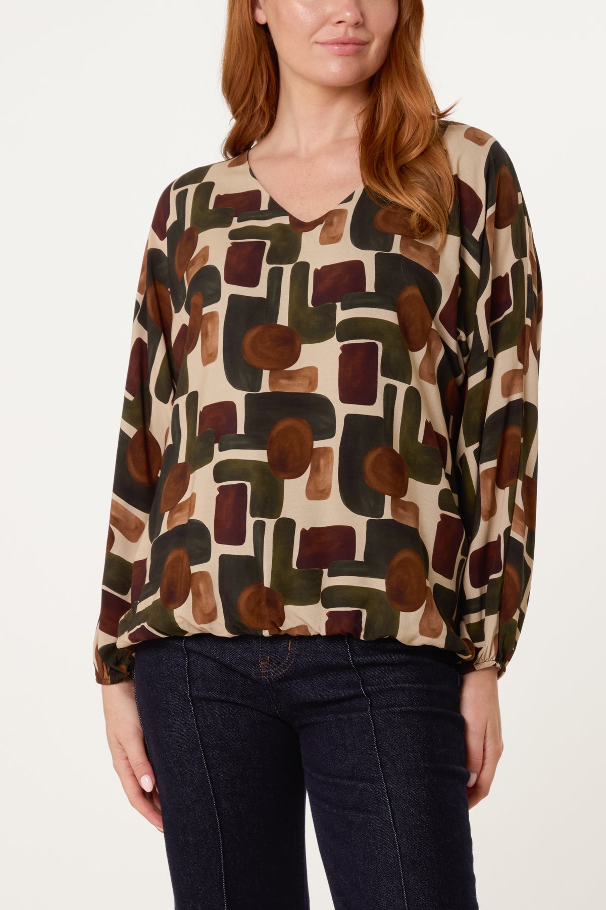 V-Neck Bubble Hem Geometric Blouse