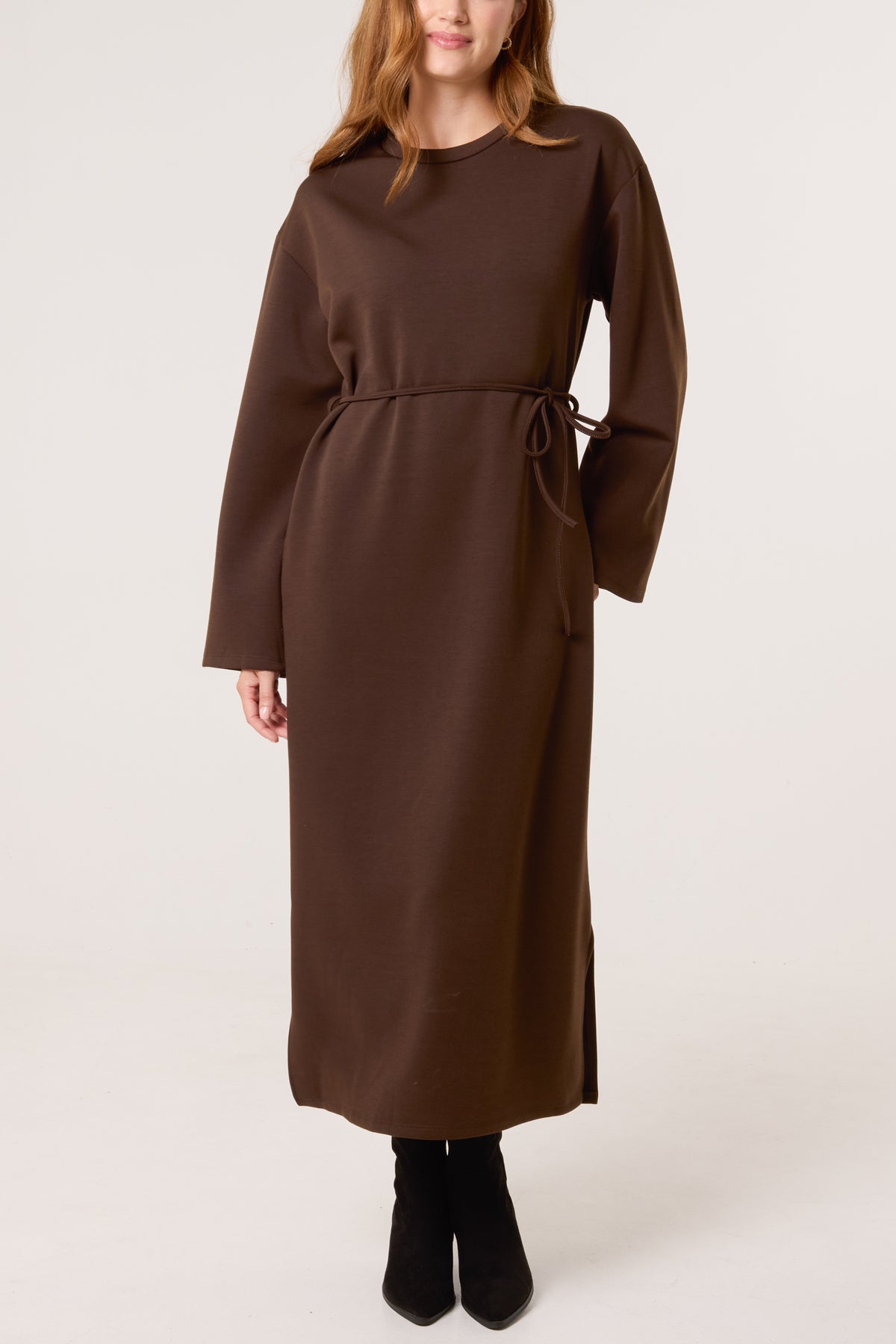 Round Neck Belted Midi Sweat Dress