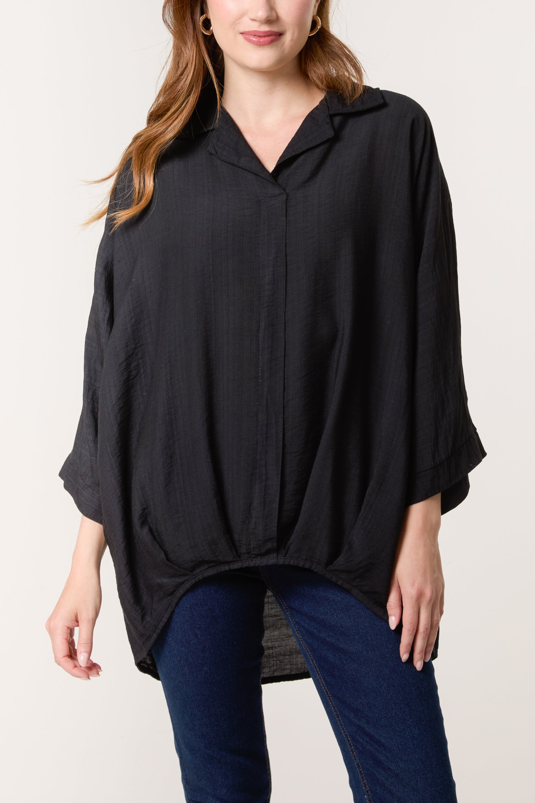 Lapel Collar Pleated Front Blouse