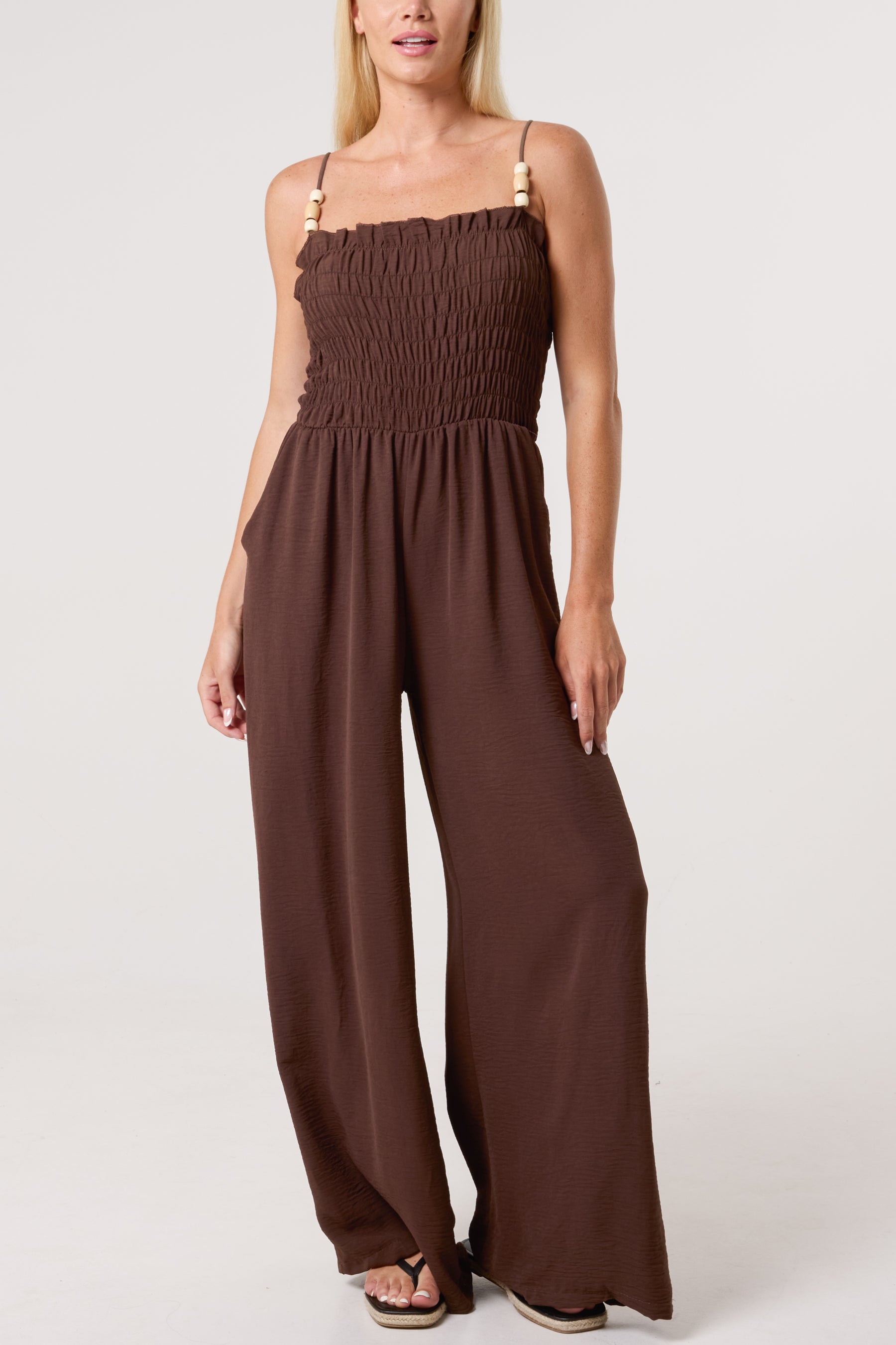 Shirred Bodice Beaded Strap Jumpsuit