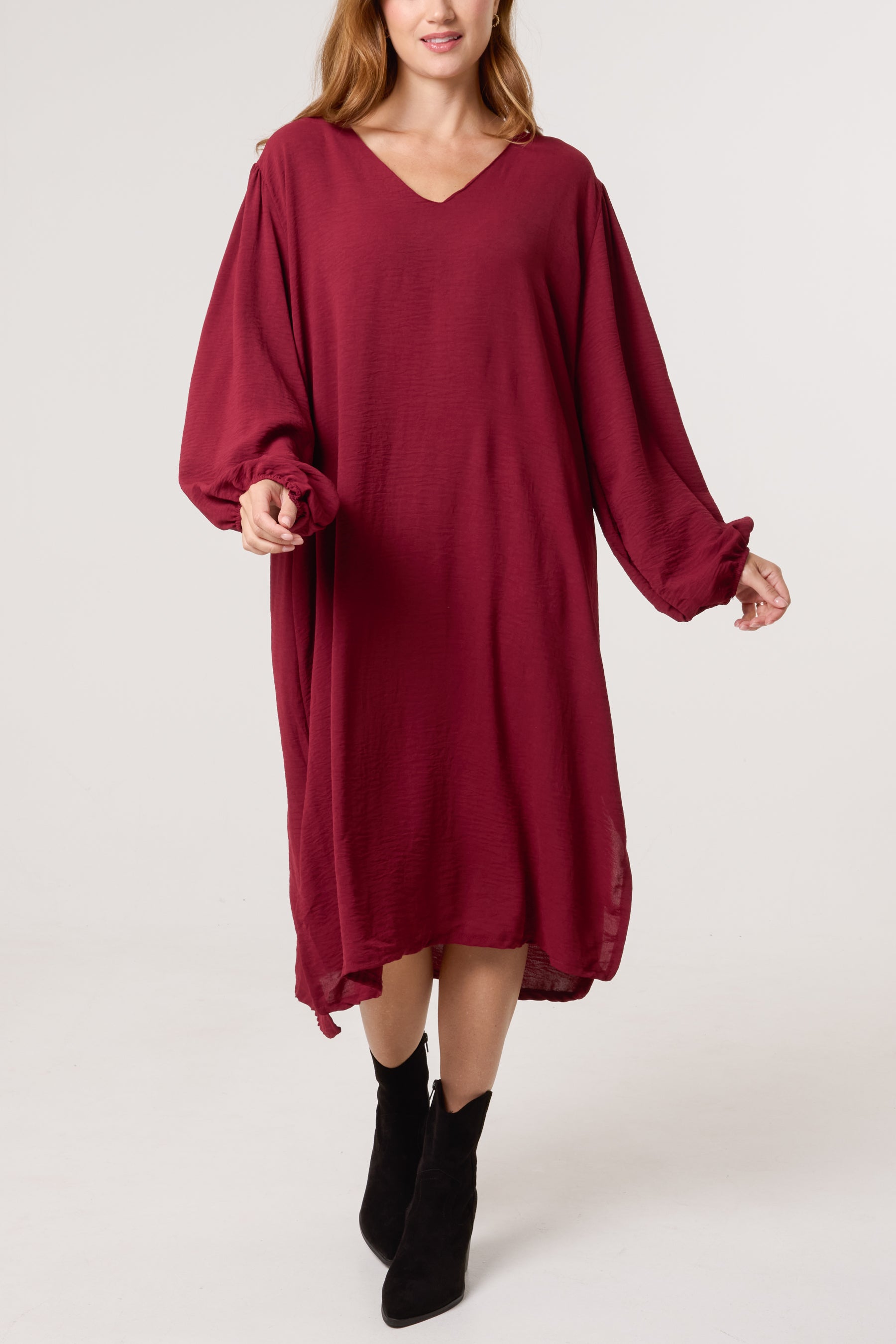 V-Neck Puffball Sleeve Midi Dress