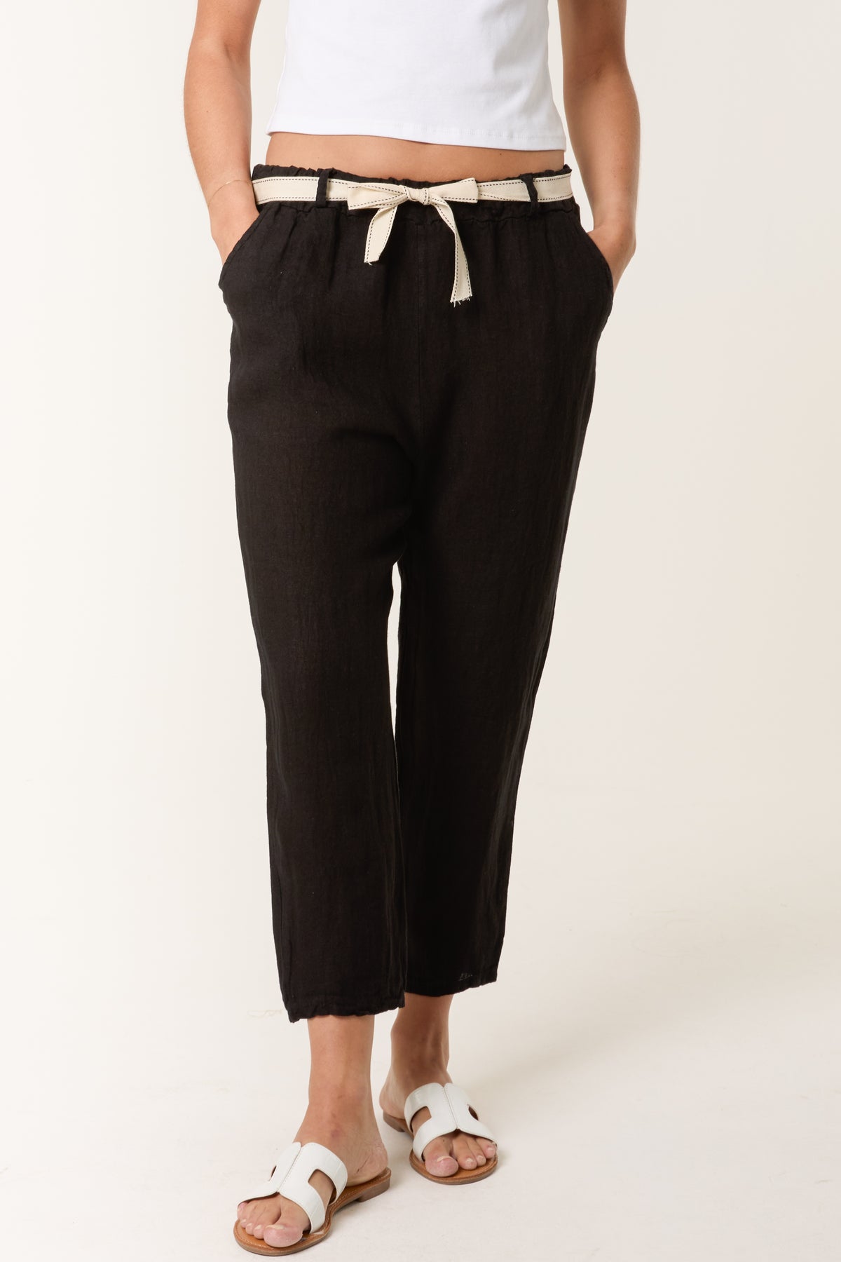 Linen Trouser W/ Embroidered Belt