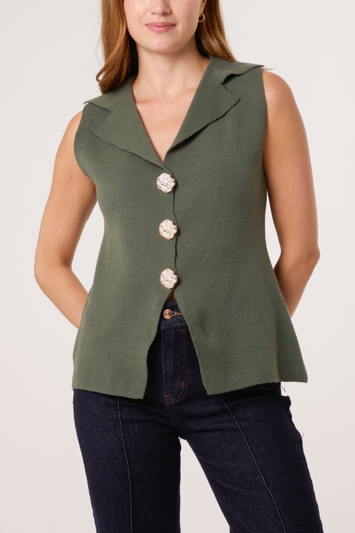 Lapel Collar Gold Button Knitted Waistcoat