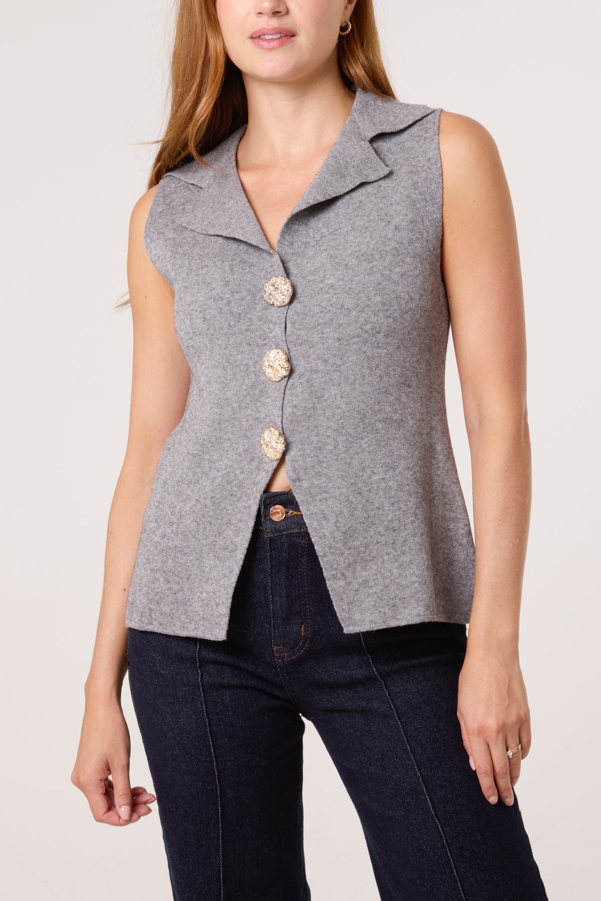 Lapel Collar Gold Button Knitted Waistcoat