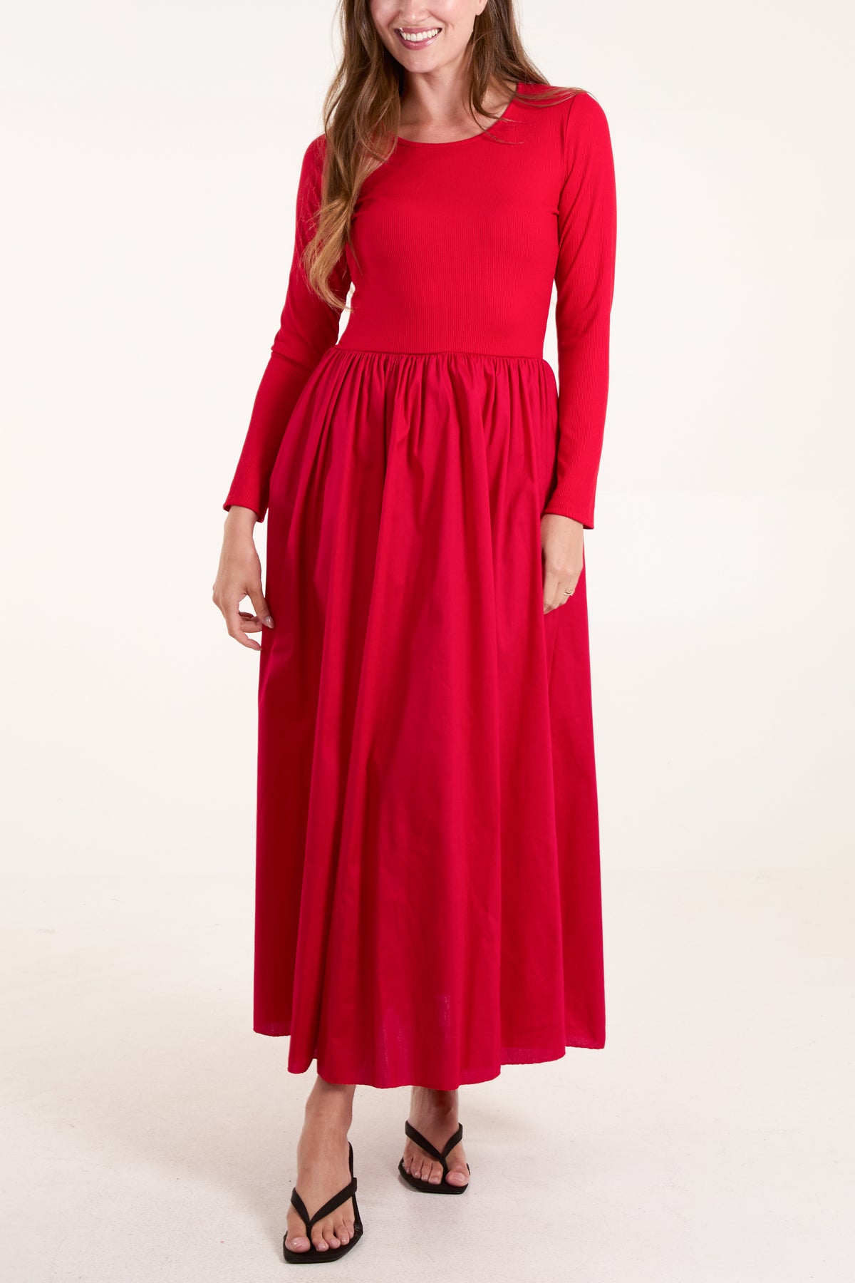 Long Sleeve Elasticated Bodice Midi Dress