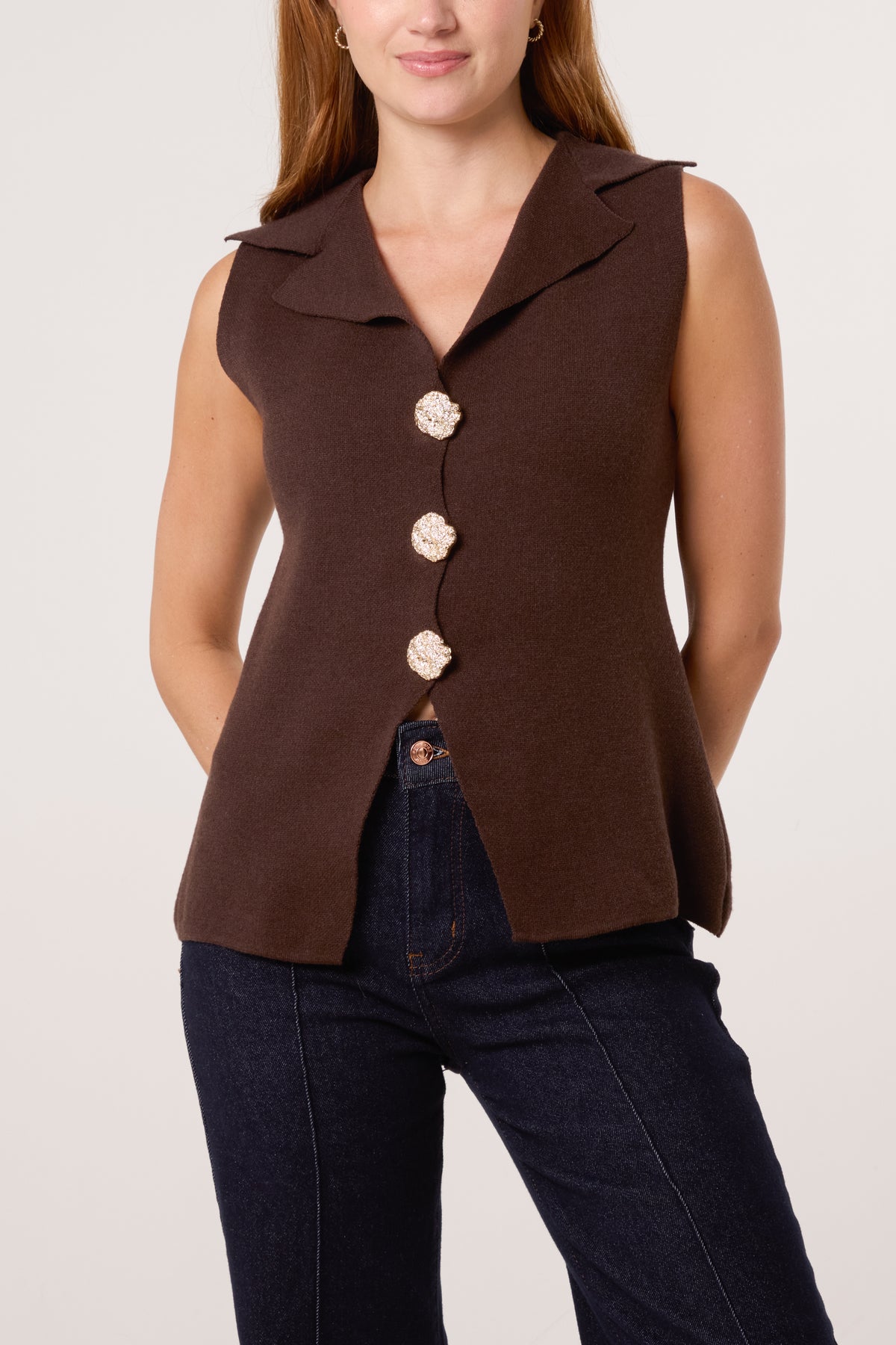 Lapel Collar Gold Button Knitted Waistcoat
