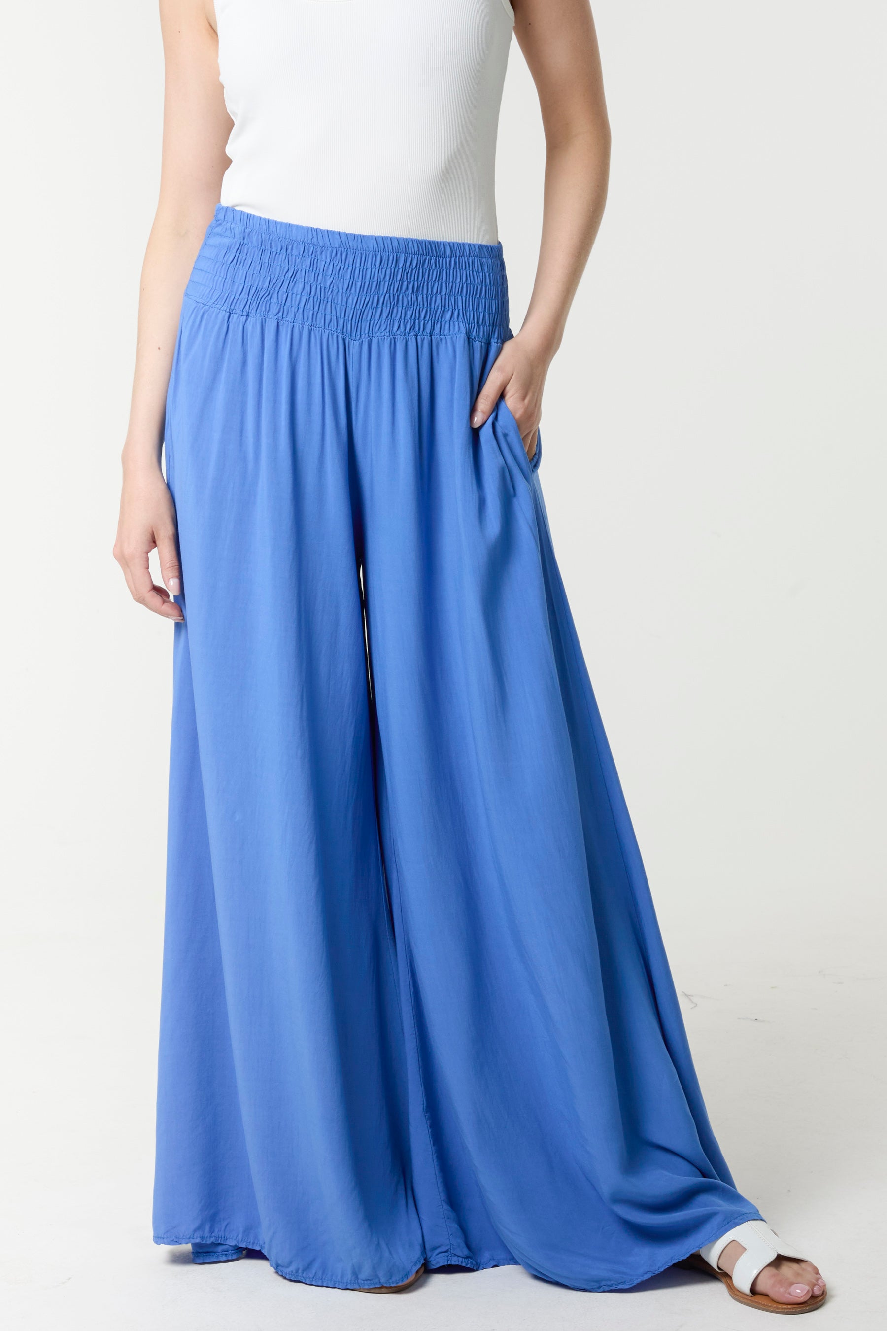 Shirred Deep Waist Band Wide Culottes