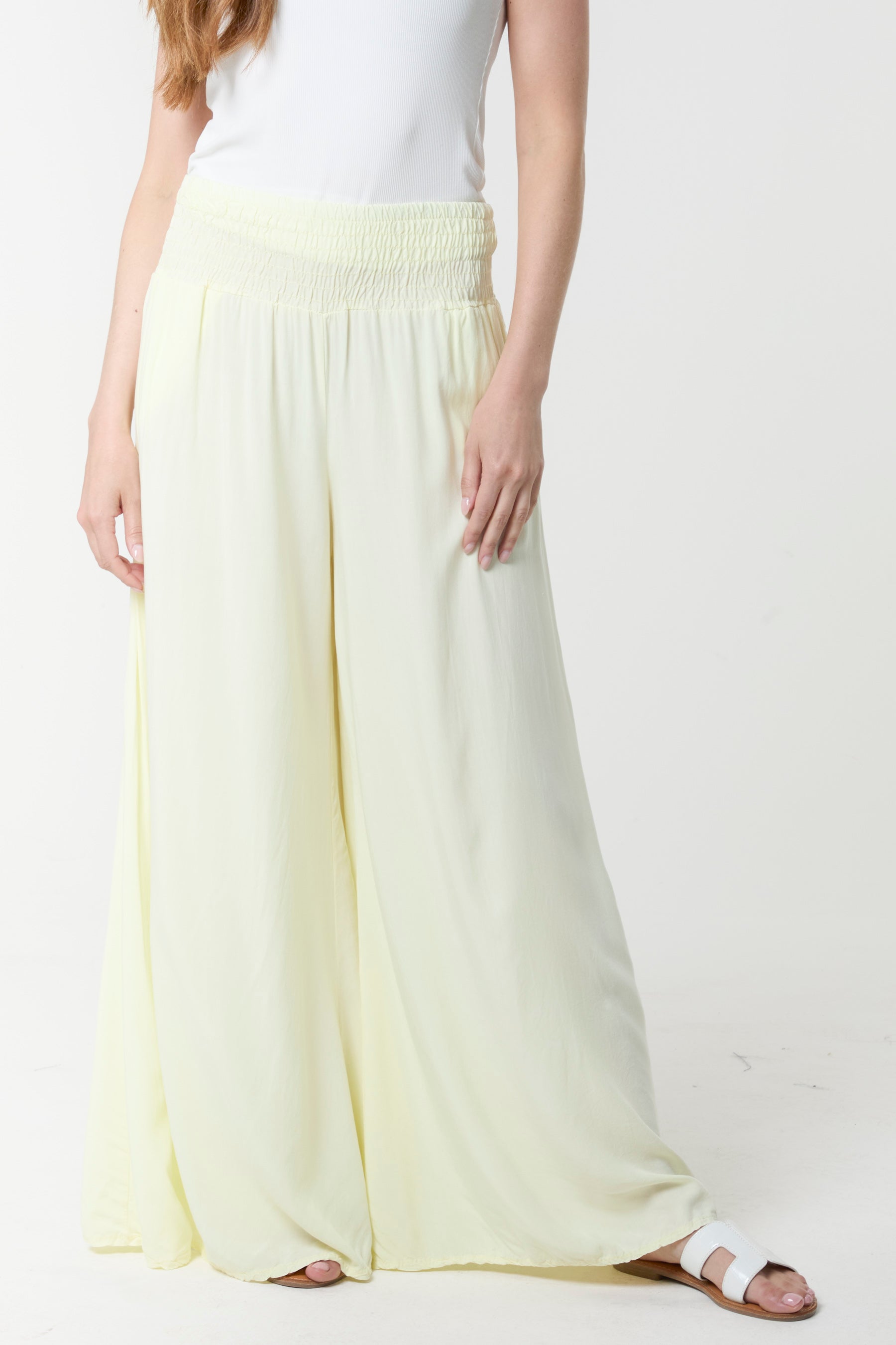 Shirred Deep Waist Band Wide Culottes