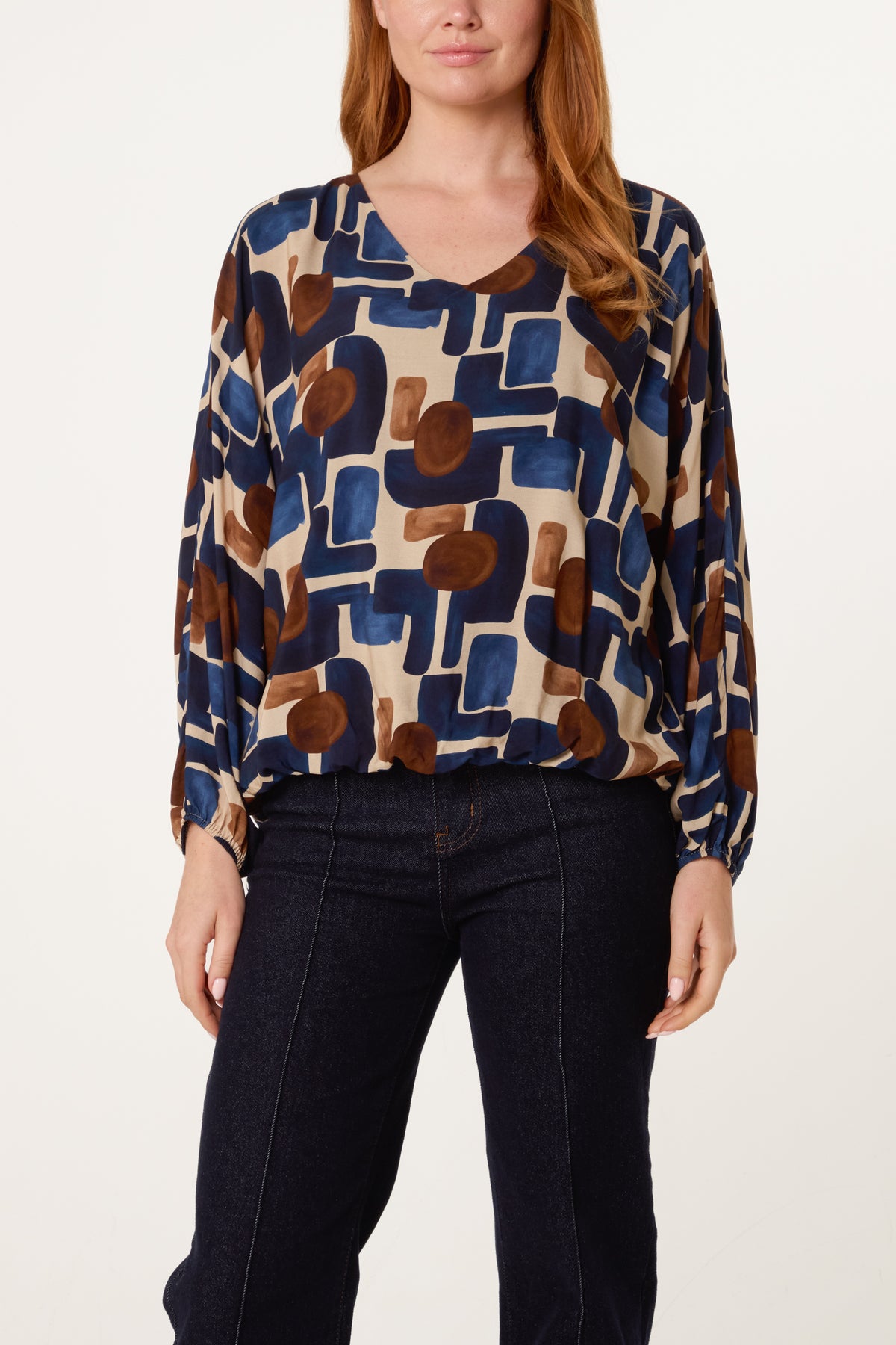 V-Neck Bubble Hem Geometric Blouse
