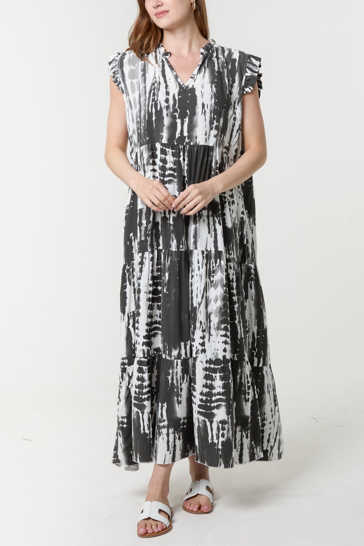 Abstract Frill Sleeve Tiered Dress